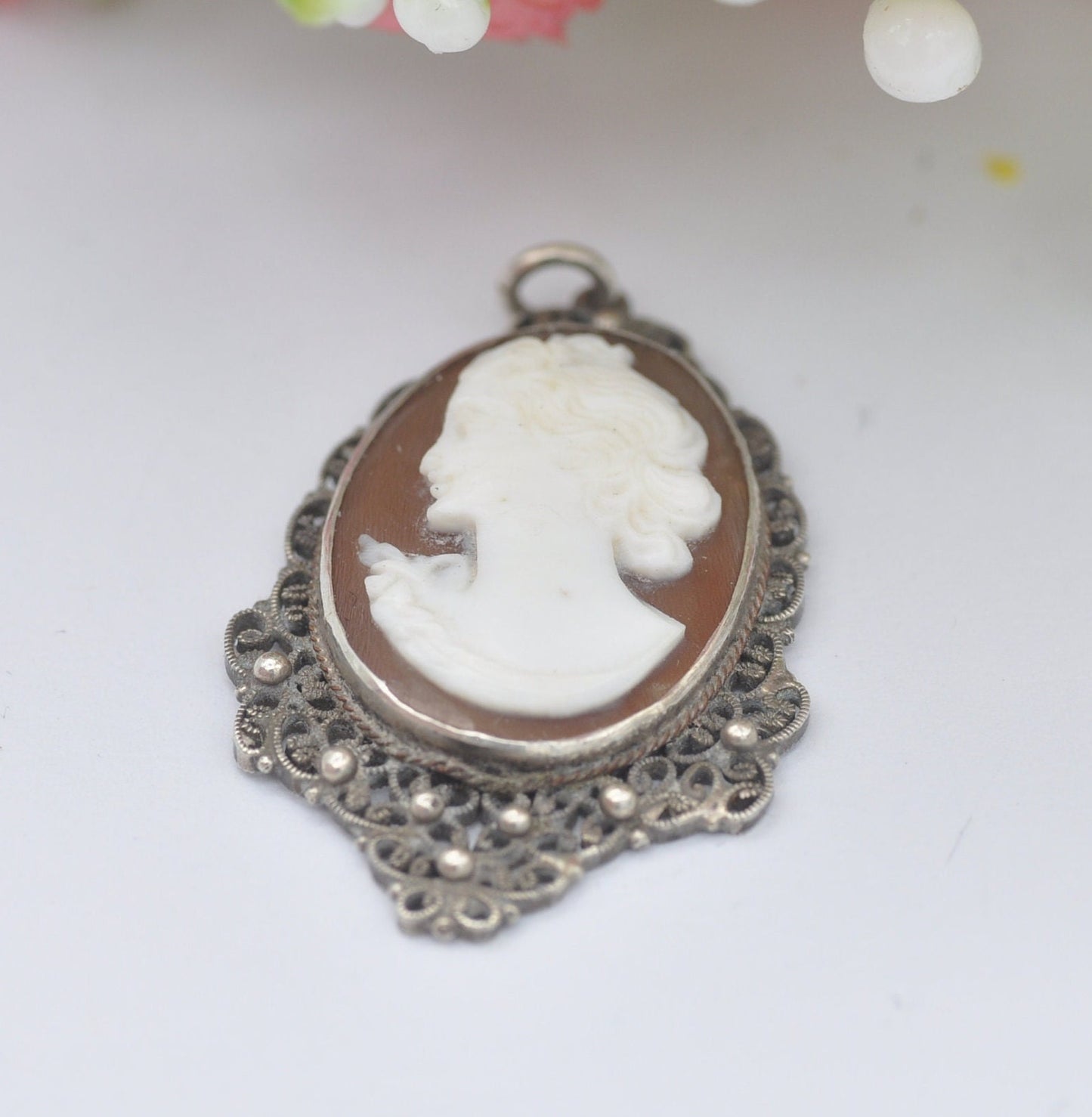 Vintage Sterling Silver Filigree Cameo Pendant Necklace - Raised Classical Profile Portrait | Hand Carved Face