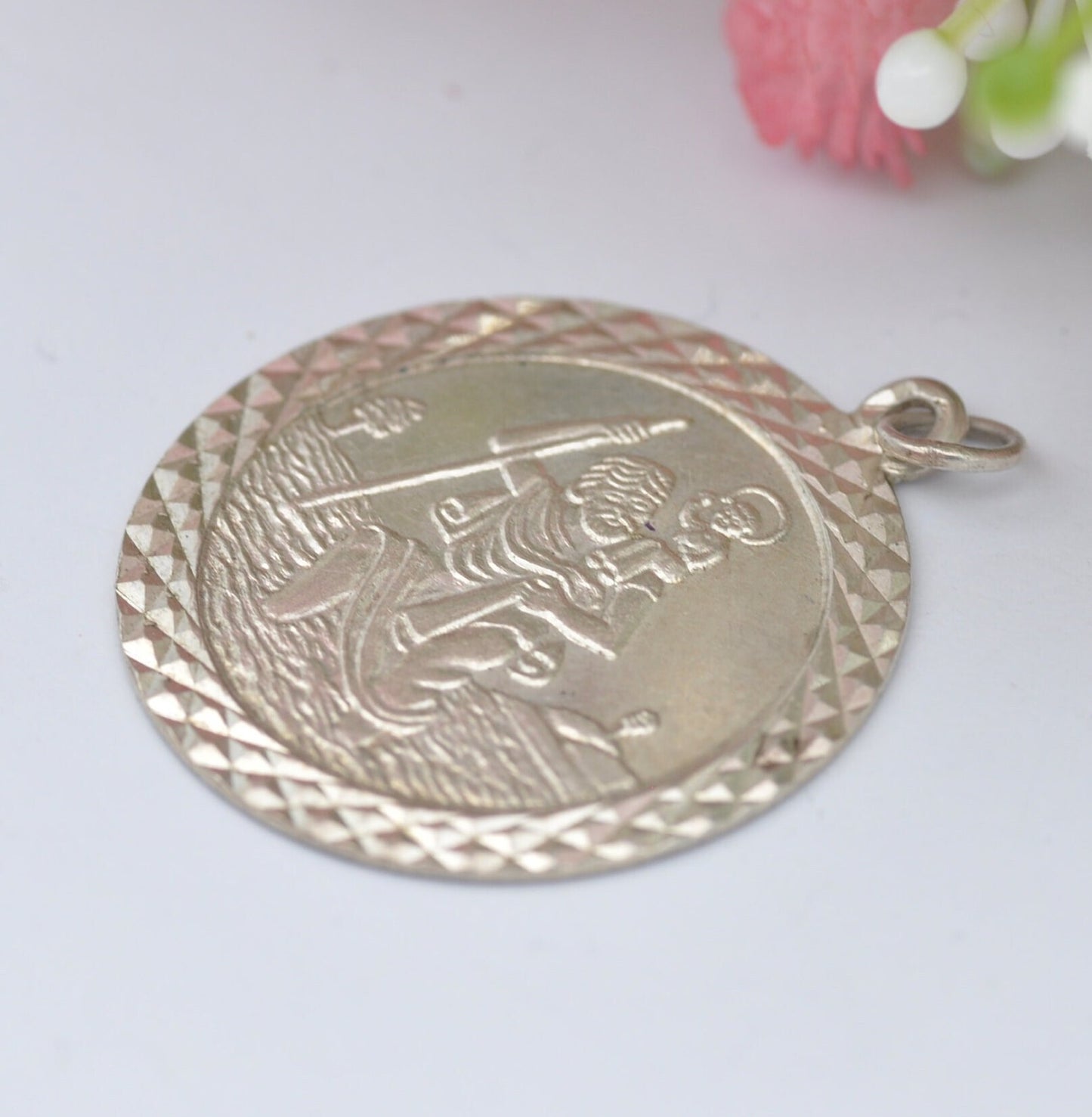 Vintage Sterling Silver St. Christopher Charm Pendant - Large Circle | Mid-Century | Diamond Cut Edge