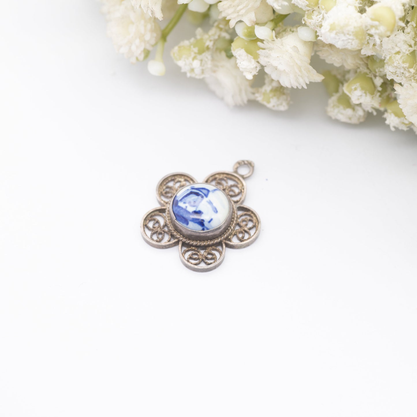 Vintage Dutch Silver Blue Delft Windmill Pendant - Filigree Flower | 835 Silver | Netherlands Souvenir