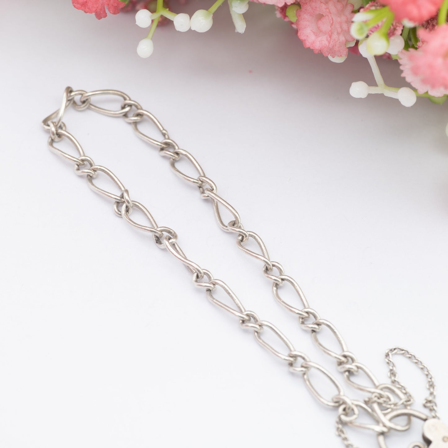 Vintage Sterling Silver Heart Padlock Clasp Chain Bracelet 1960 - Trombone Curb Links with Safety Chain