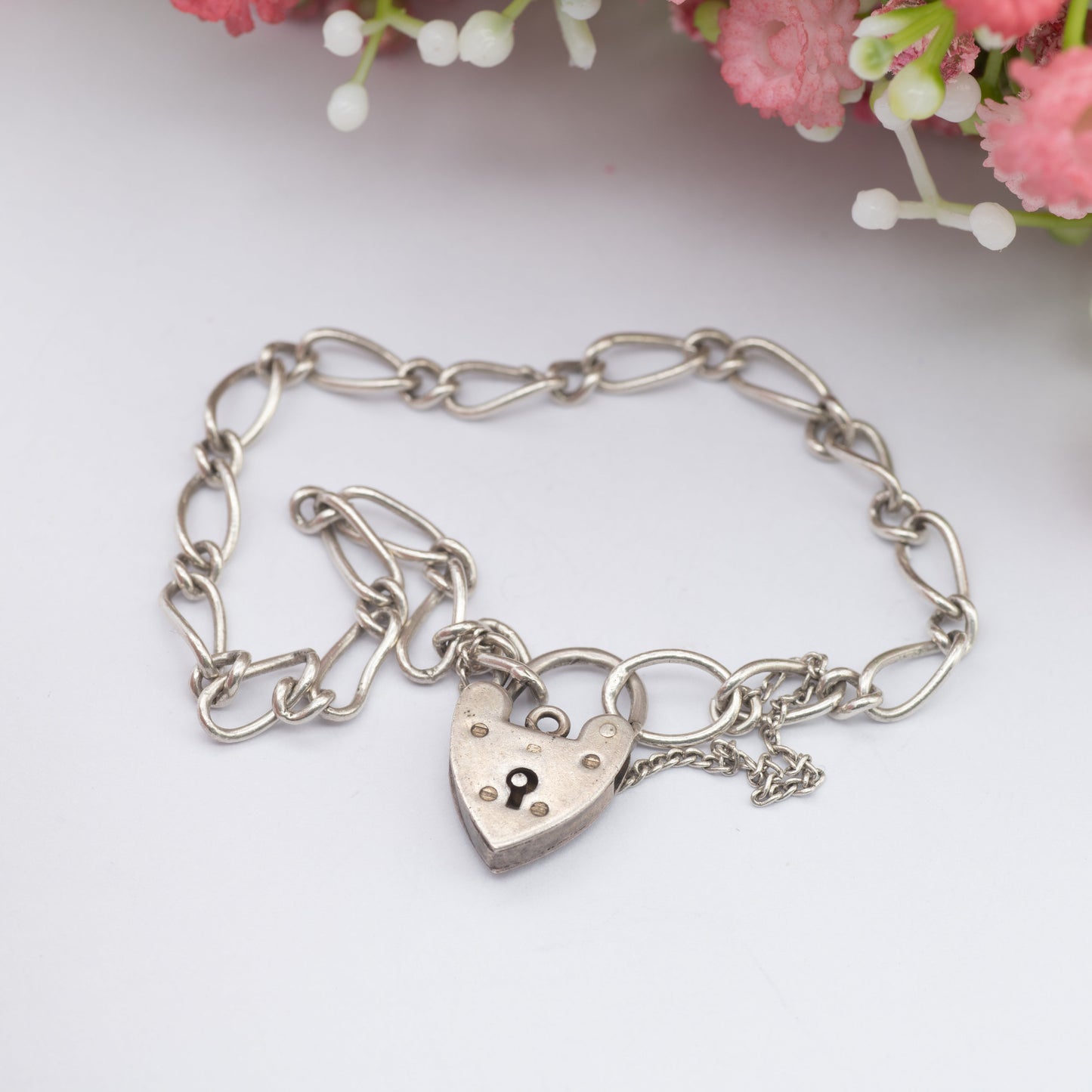 Vintage Sterling Silver Heart Padlock Clasp Chain Bracelet 1960 - Trombone Curb Links with Safety Chain