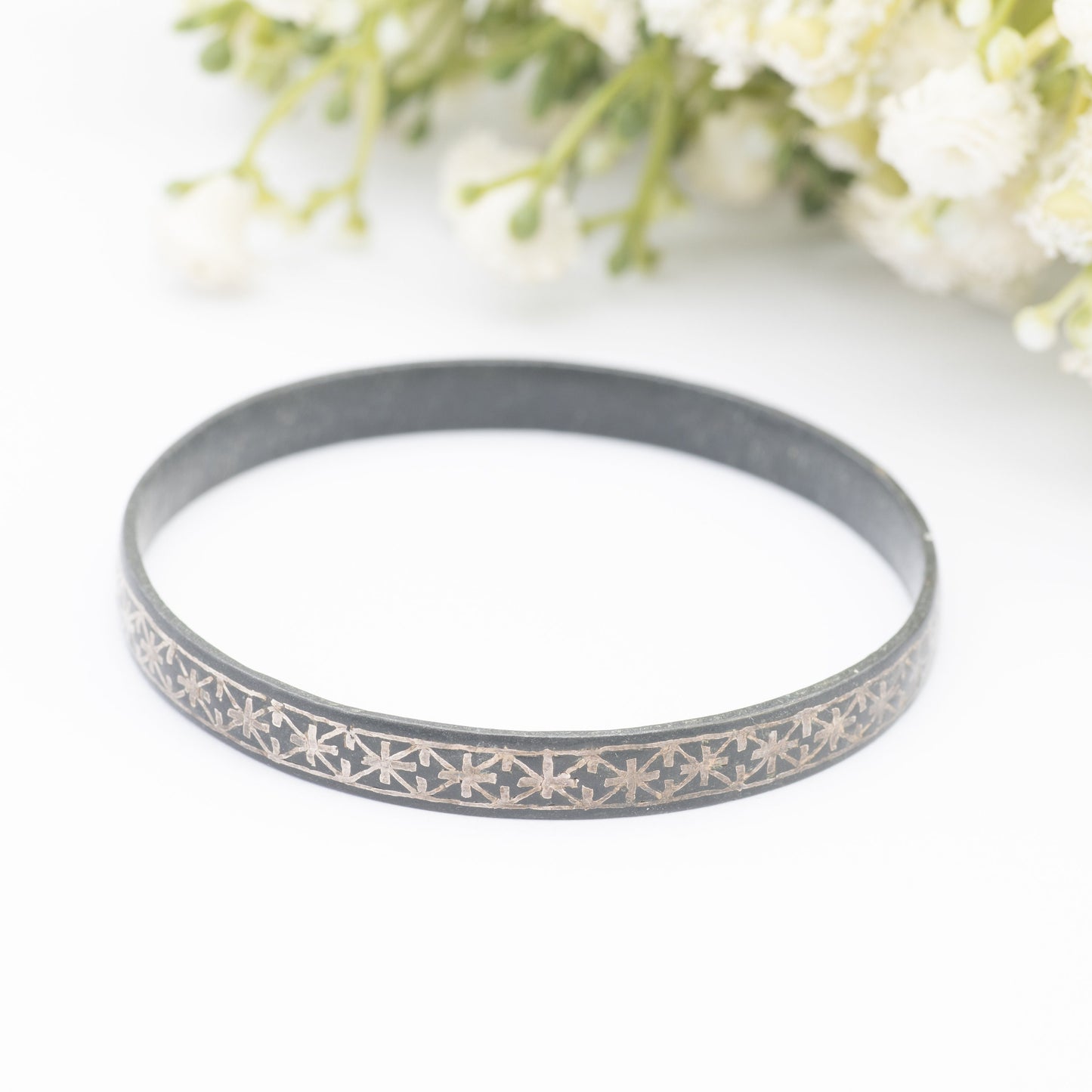 Vintage Black Niello Bangle Bracelet - Intricate Silver Inlay Star Design | Handmade Jewellery