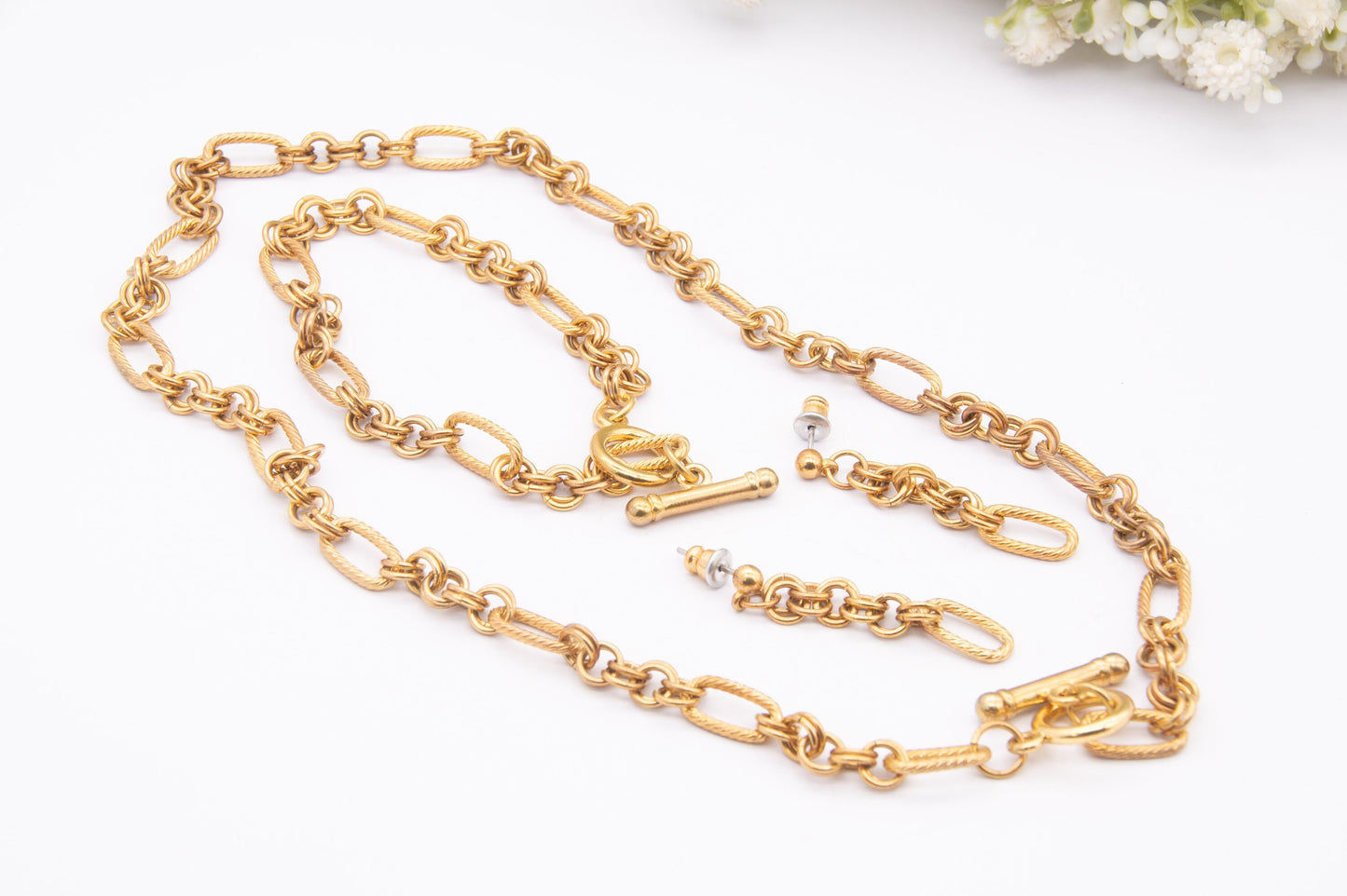 Vintage Necklace Bracelet Earrings Matching Set in a Box - Fancy Figaro Chain Link | Twisted Design | Parure Jewellery Set