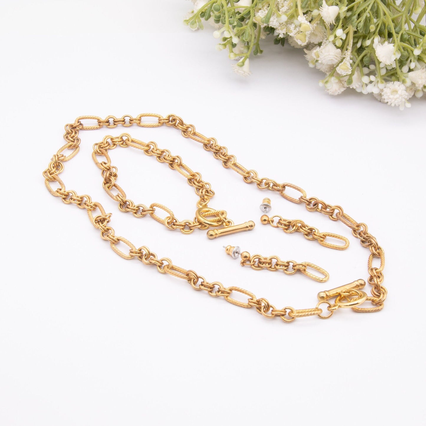 Vintage Necklace Bracelet Earrings Matching Set in a Box - Fancy Figaro Chain Link | Twisted Design | Parure Jewellery Set