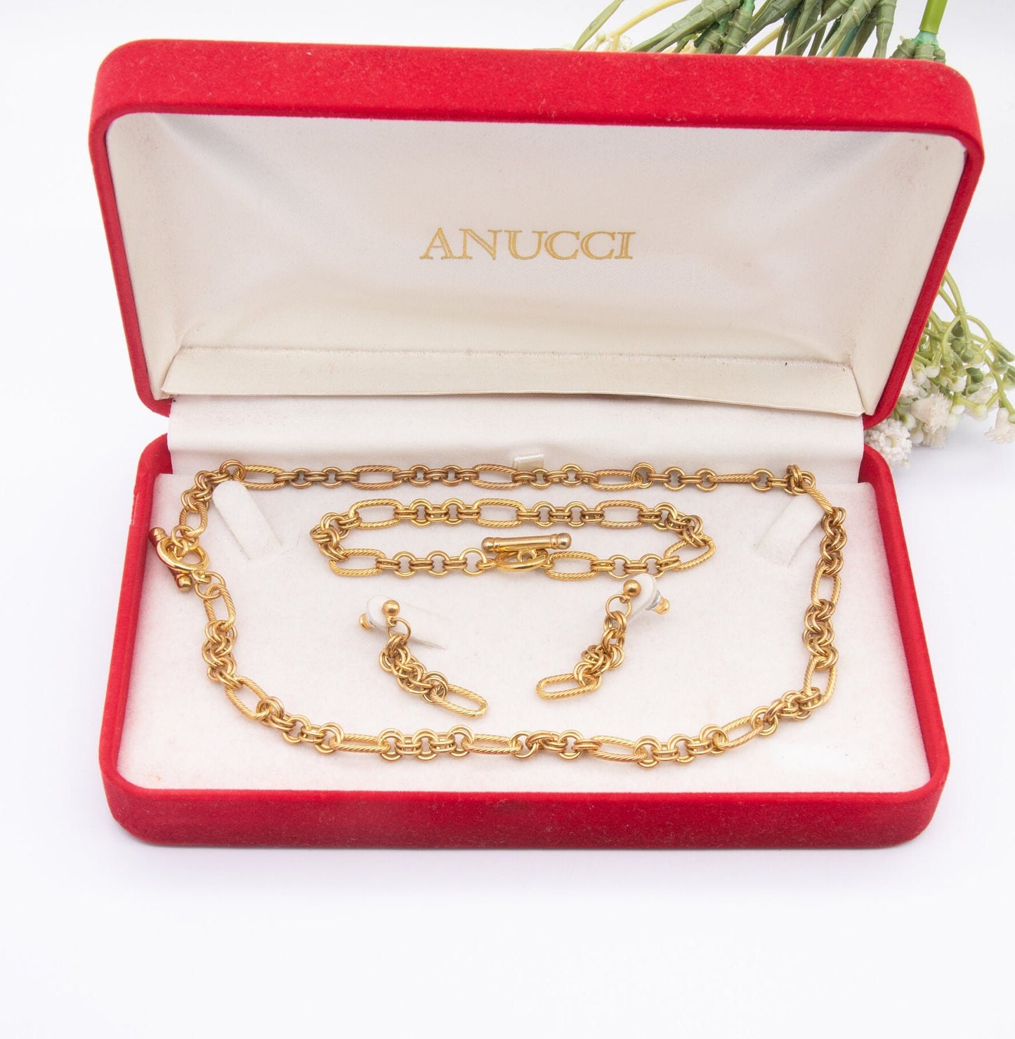 Vintage Necklace Bracelet Earrings Matching Set in a Box - Fancy Figaro Chain Link | Twisted Design | Parure Jewellery Set