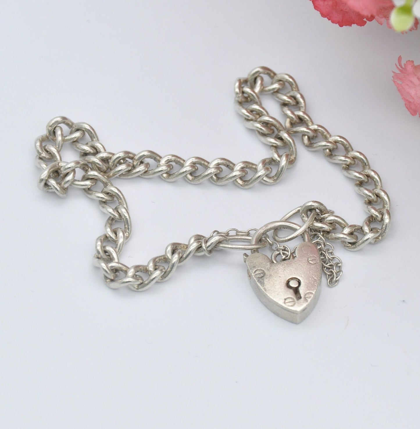Vintage Sterling Silver Heart Padlock Clasp Chain Bracelet 1957 - Small Curb Links with Safety Chain