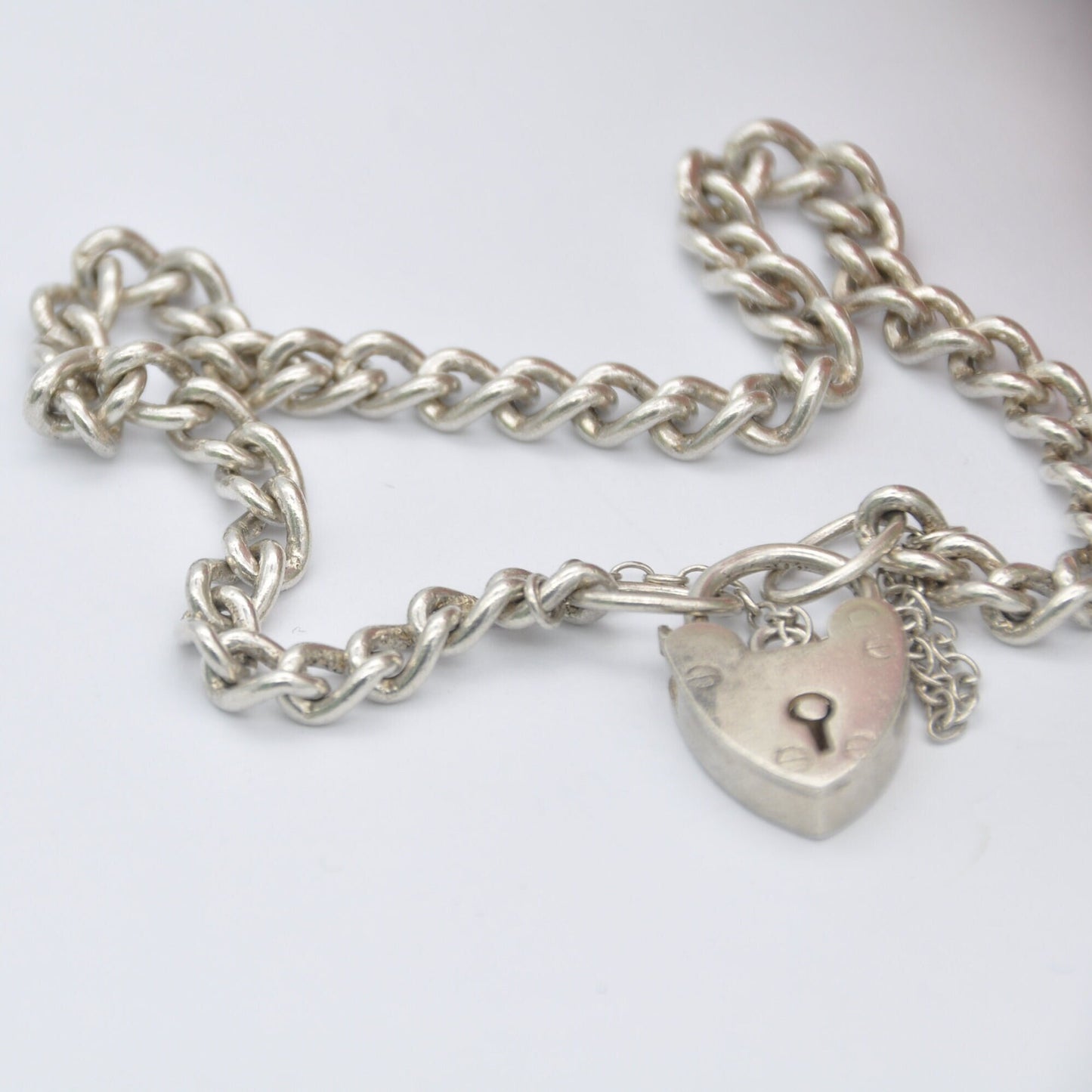 Vintage Sterling Silver Heart Padlock Clasp Chain Bracelet 1957 - Small Curb Links with Safety Chain