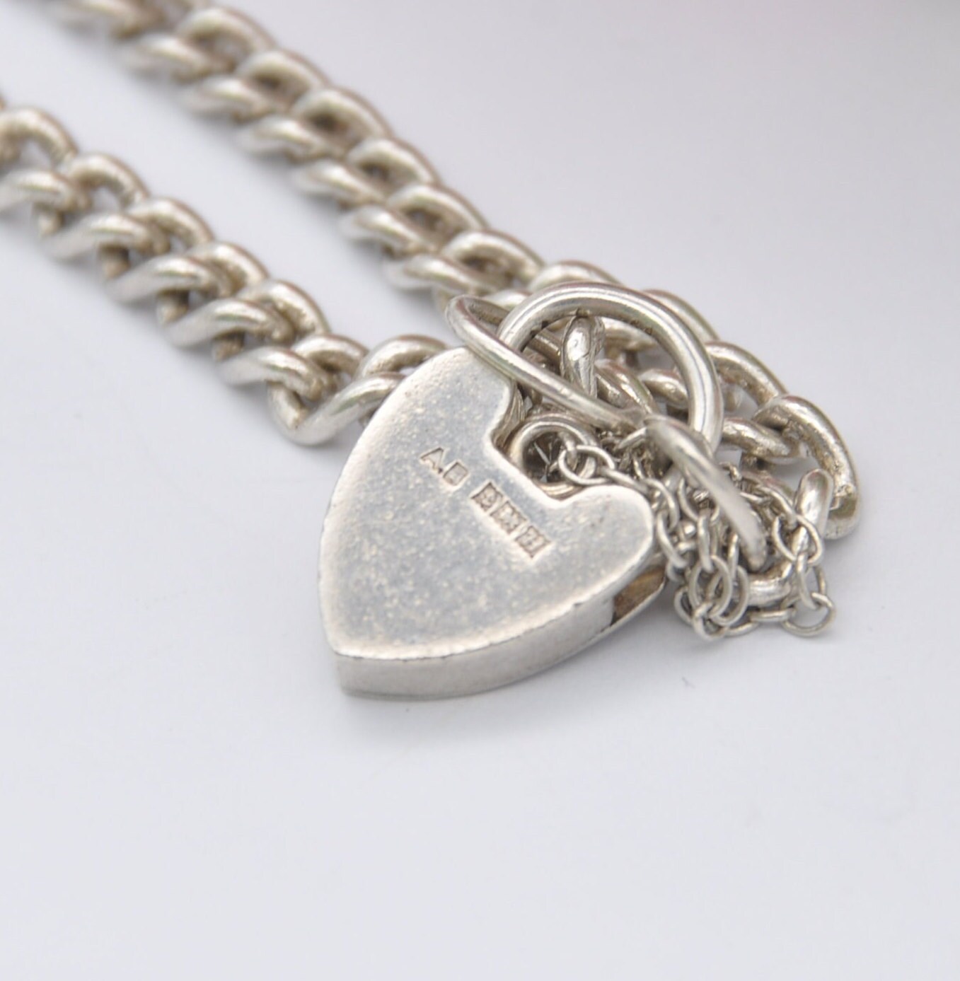 Vintage Sterling Silver Heart Padlock Clasp Chain Bracelet 1957 - Small Curb Links with Safety Chain