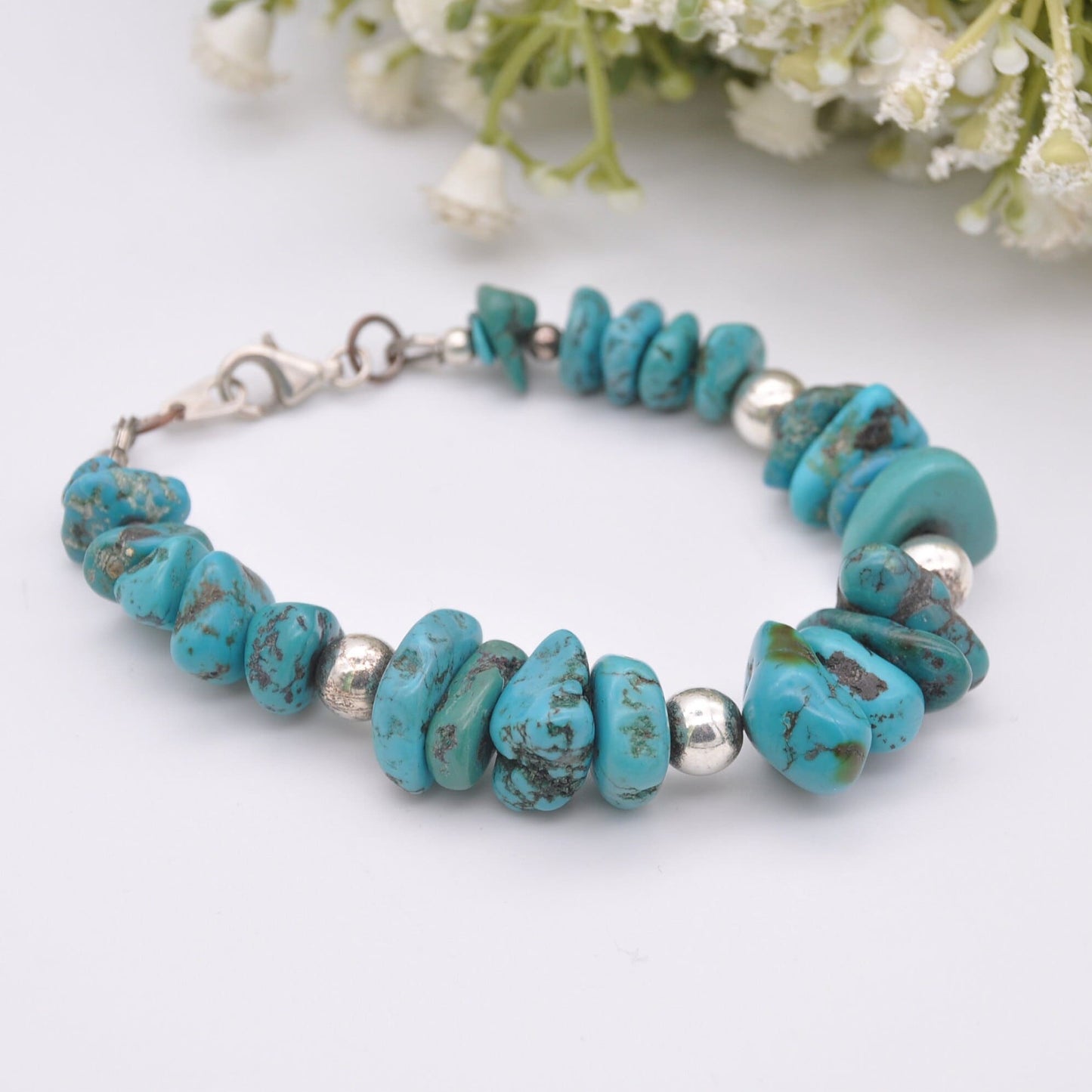 Sterling Silver Clasp Tumbled Turquoise Bracelet - Graduating Gemstone Size