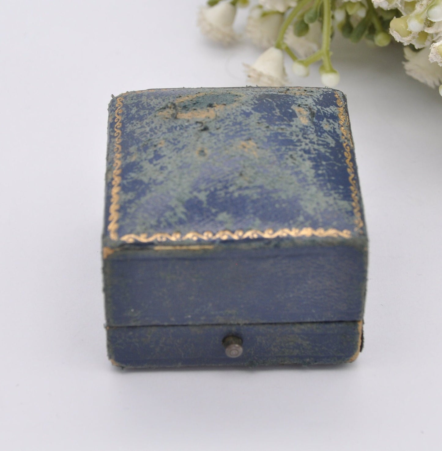 Vintage Blue Leather Ring Box with Gold Tooling - John D. Eaton Jewellers Derby | Silk and Velvet Lined