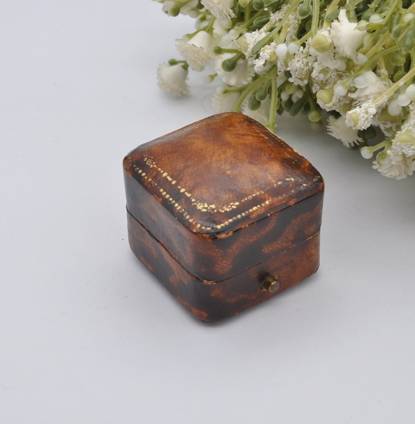 Antique Ring Box with Gold Tooling - W. Wright Jewellers | Faux Tortoise Shell Effect | Silk and Velvet Lined