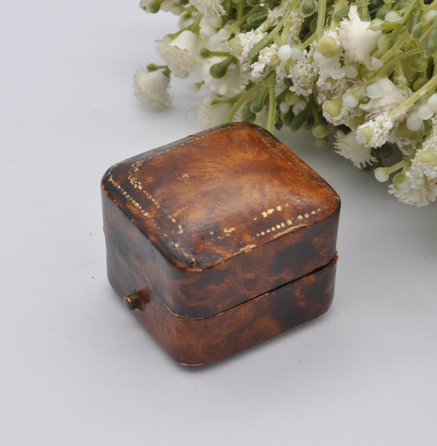 Antique Ring Box with Gold Tooling - W. Wright Jewellers | Faux Tortoise Shell Effect | Silk and Velvet Lined
