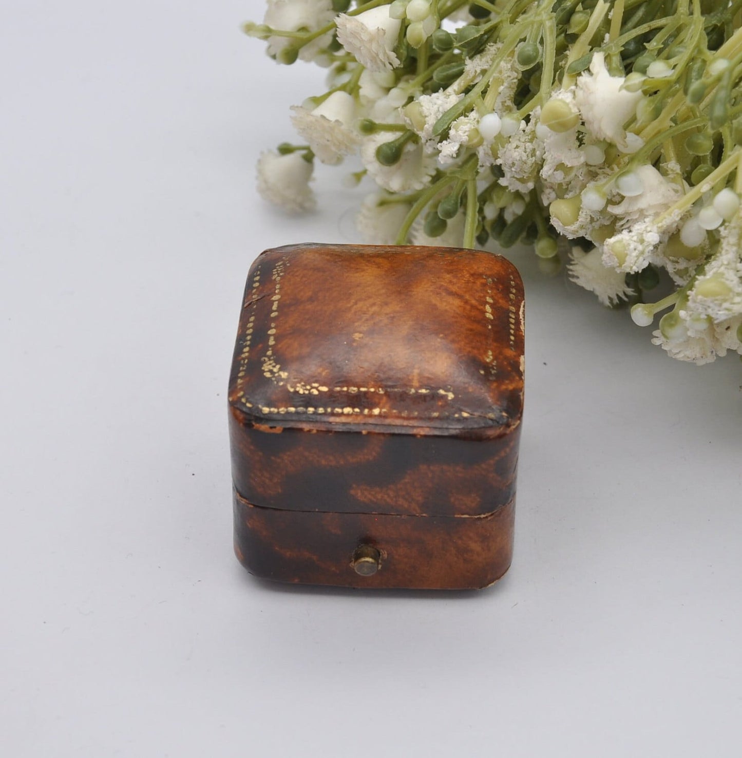 Antique Ring Box with Gold Tooling - W. Wright Jewellers | Faux Tortoise Shell Effect | Silk and Velvet Lined