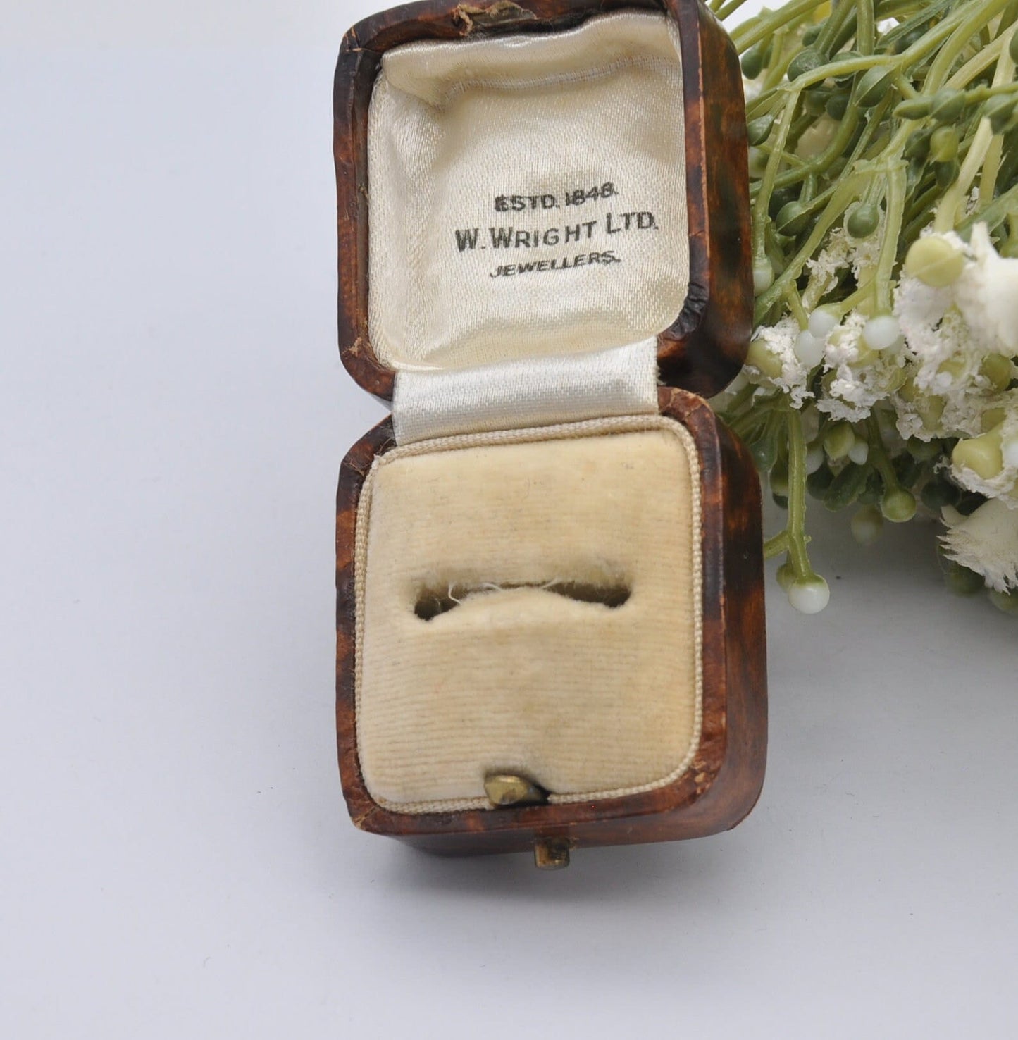 Antique Ring Box with Gold Tooling - W. Wright Jewellers | Faux Tortoise Shell Effect | Silk and Velvet Lined