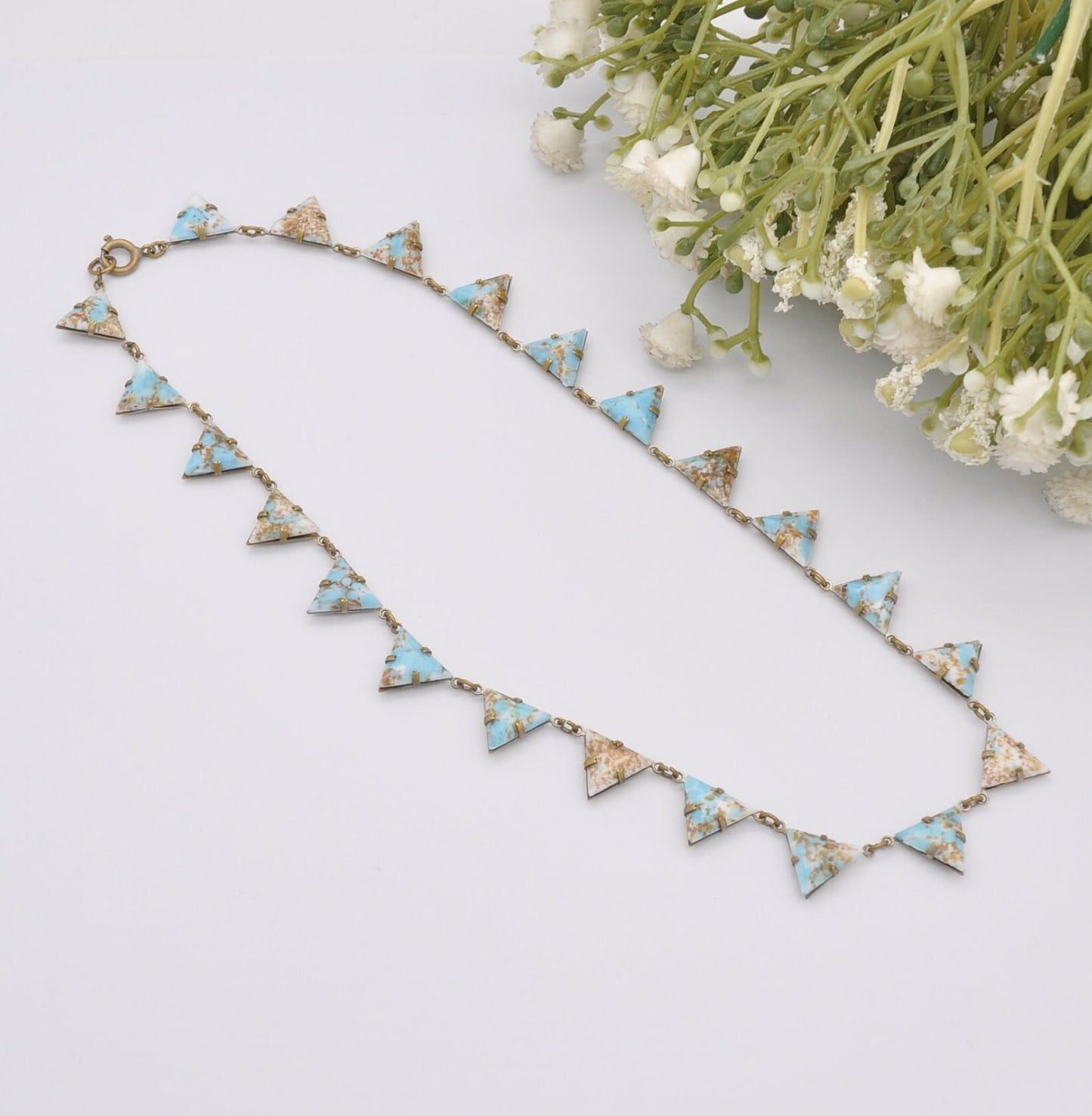 Antique Peking Glass Collar Choker Necklace - Light Blue Gold Glitter | Unusual Kitsch Jewellery | Unusual Triangle Panel Shape | 15" 38.5cm