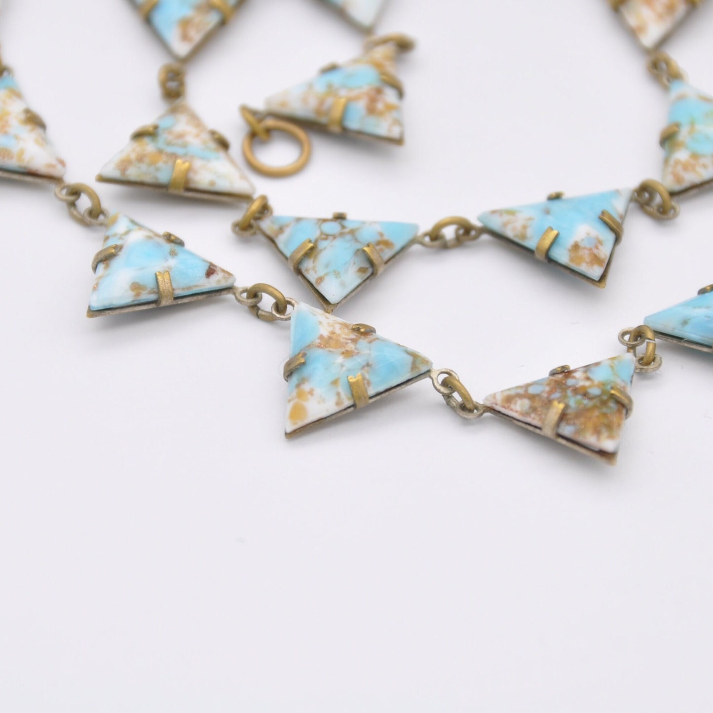 Antique Peking Glass Collar Choker Necklace - Light Blue Gold Glitter | Unusual Kitsch Jewellery | Unusual Triangle Panel Shape | 15" 38.5cm