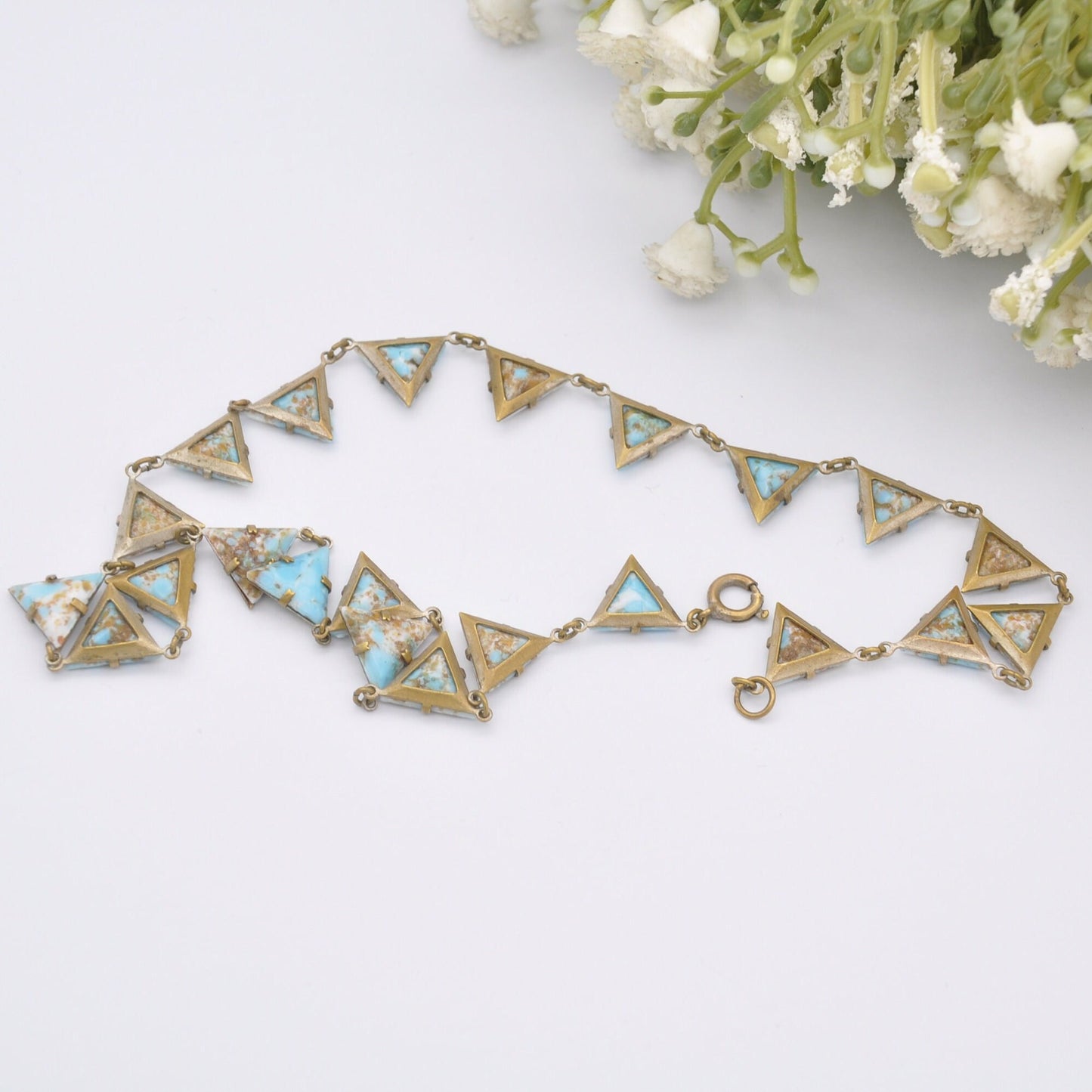 Antique Peking Glass Collar Choker Necklace - Light Blue Gold Glitter | Unusual Kitsch Jewellery | Unusual Triangle Panel Shape | 15" 38.5cm