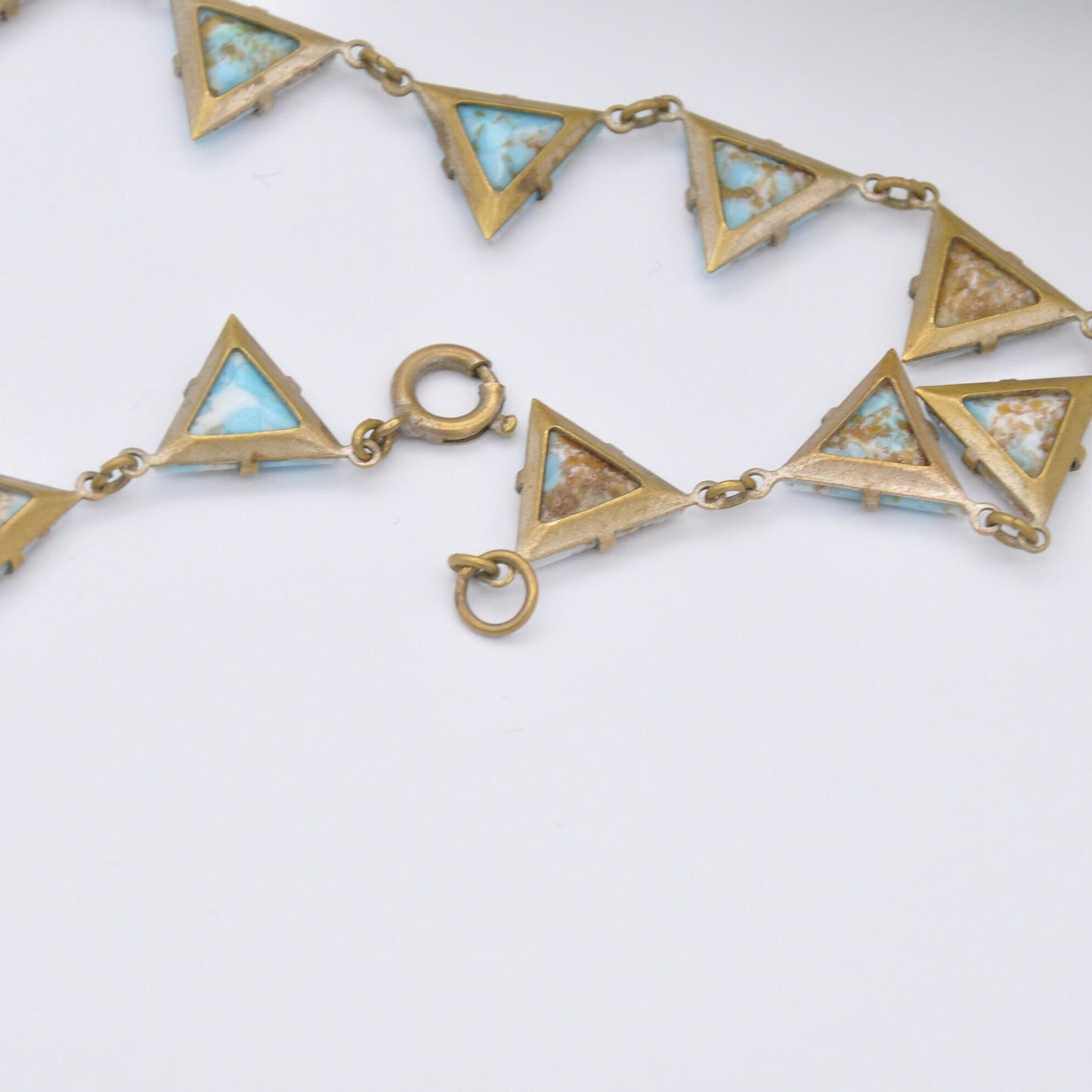 Antique Peking Glass Collar Choker Necklace - Light Blue Gold Glitter | Unusual Kitsch Jewellery | Unusual Triangle Panel Shape | 15" 38.5cm