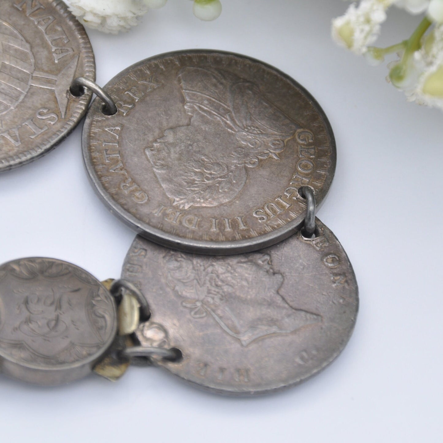 Antique Rare Silver Coin Bracelet - 1756 Joseph I 600 Réis | 1685 James II Medal | 1812 2/3 Thaler Bonaparte | 1813 George III Bank Token