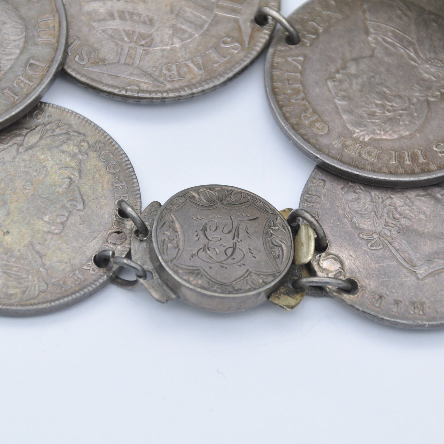 Antique Rare Silver Coin Bracelet - 1756 Joseph I 600 Réis | 1685 James II Medal | 1812 2/3 Thaler Bonaparte | 1813 George III Bank Token
