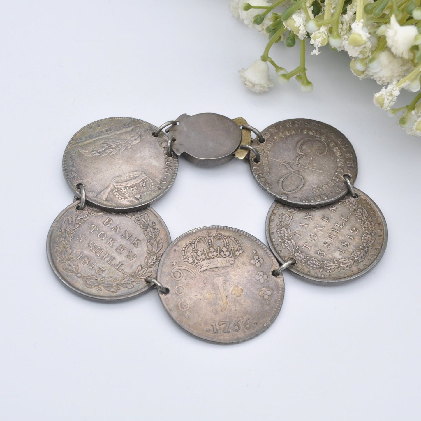 Antique Rare Silver Coin Bracelet - 1756 Joseph I 600 Réis | 1685 James II Medal | 1812 2/3 Thaler Bonaparte | 1813 George III Bank Token