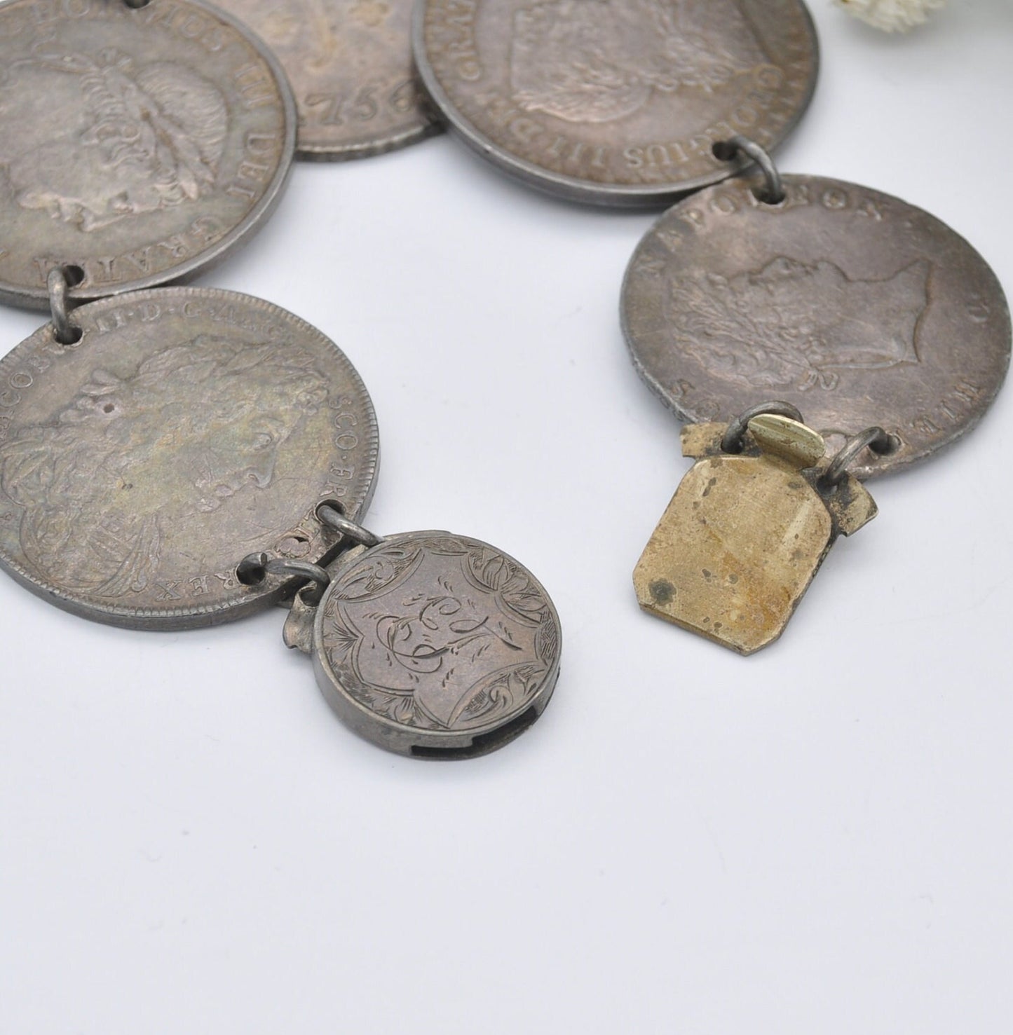 Antique Rare Silver Coin Bracelet - 1756 Joseph I 600 Réis | 1685 James II Medal | 1812 2/3 Thaler Bonaparte | 1813 George III Bank Token