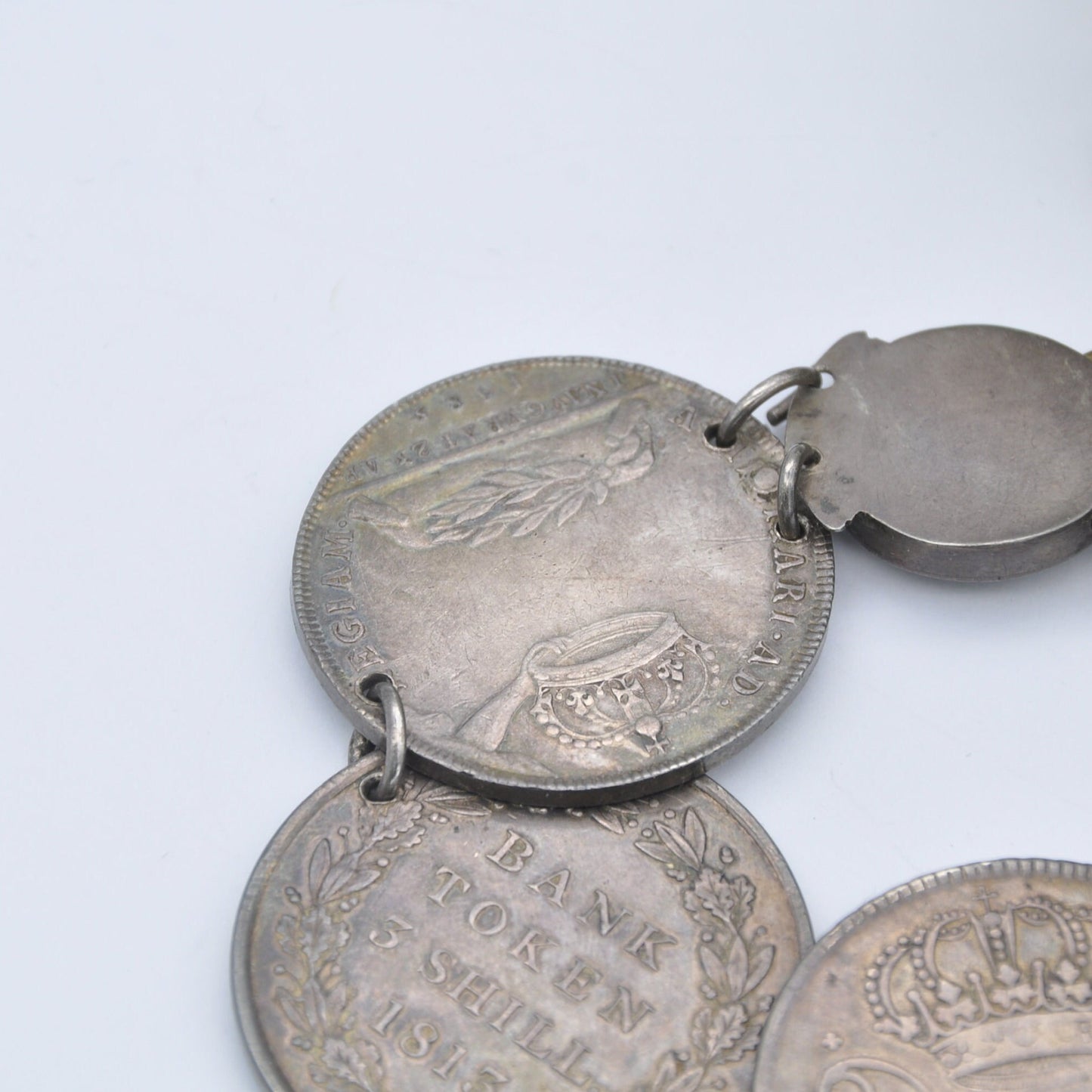 Antique Rare Silver Coin Bracelet - 1756 Joseph I 600 Réis | 1685 James II Medal | 1812 2/3 Thaler Bonaparte | 1813 George III Bank Token