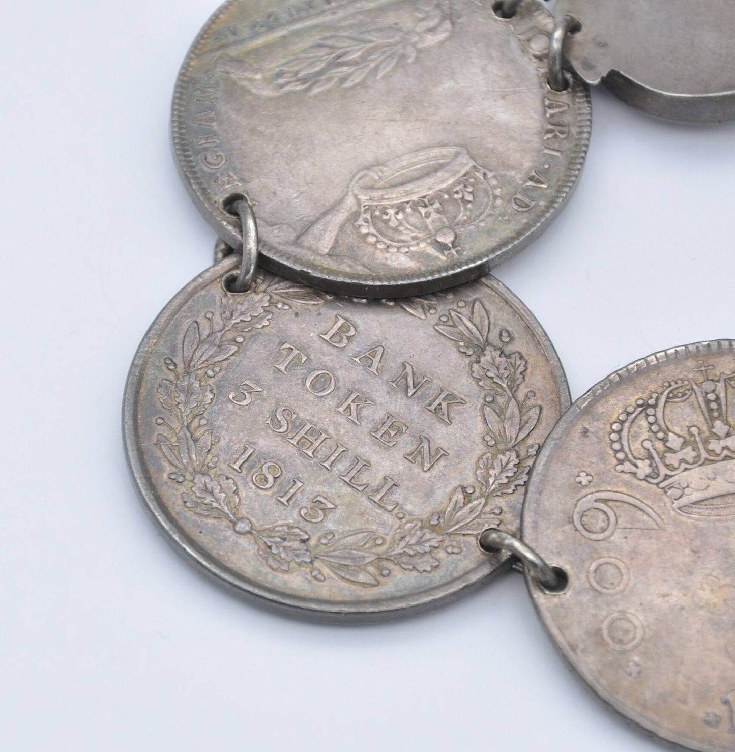 Antique Rare Silver Coin Bracelet - 1756 Joseph I 600 Réis | 1685 James II Medal | 1812 2/3 Thaler Bonaparte | 1813 George III Bank Token