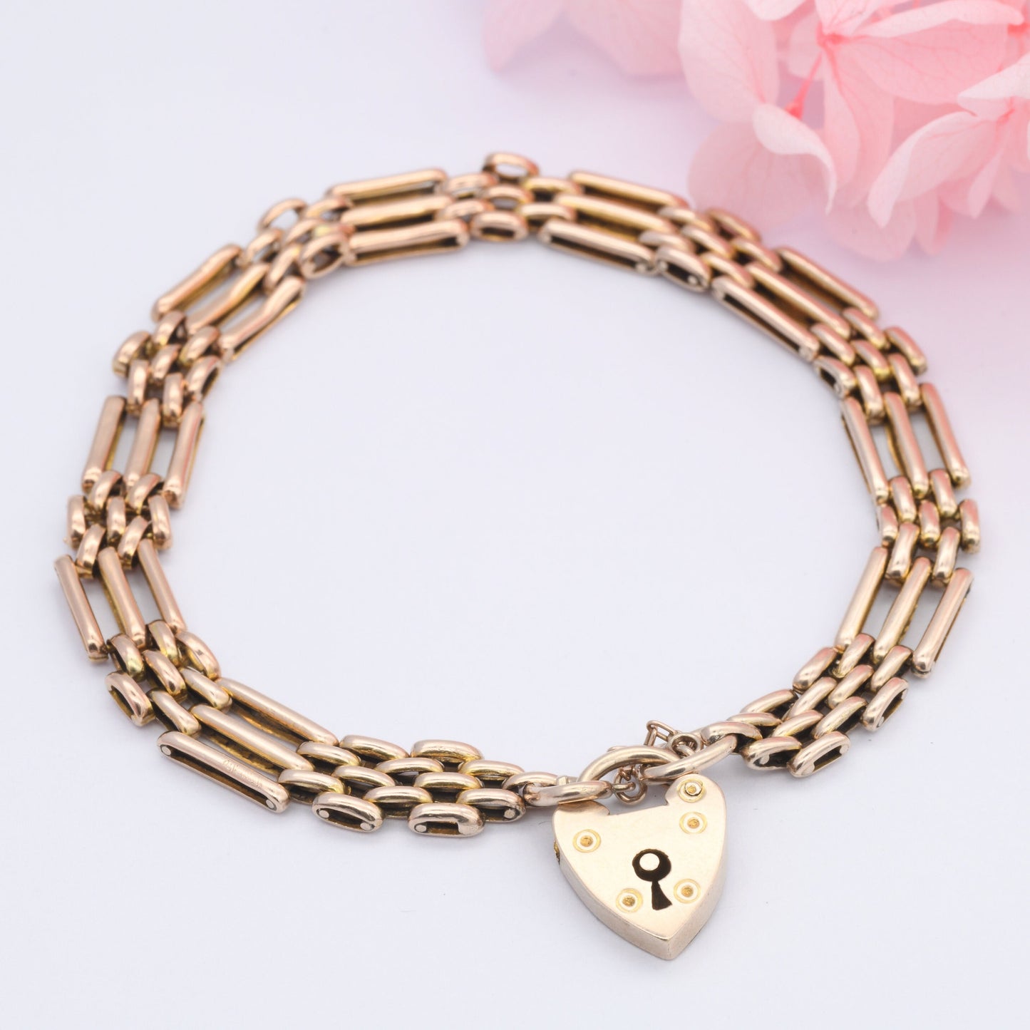 Vintage 9ct Gold Heart Padlock Clasp Gate Link Chain Bracelet with Safety Chain