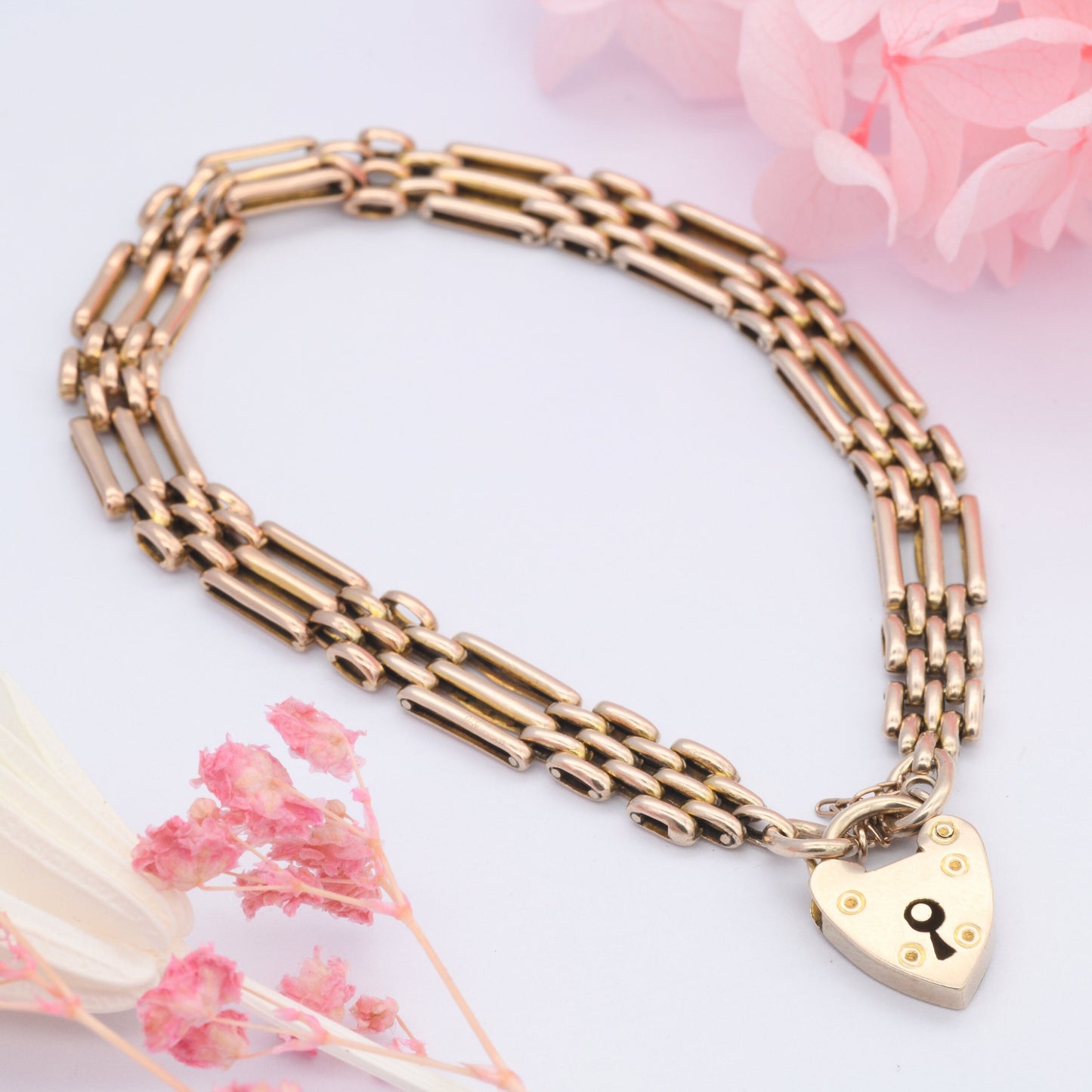 Vintage 9ct Gold Heart Padlock Clasp Gate Link Chain Bracelet with Safety Chain