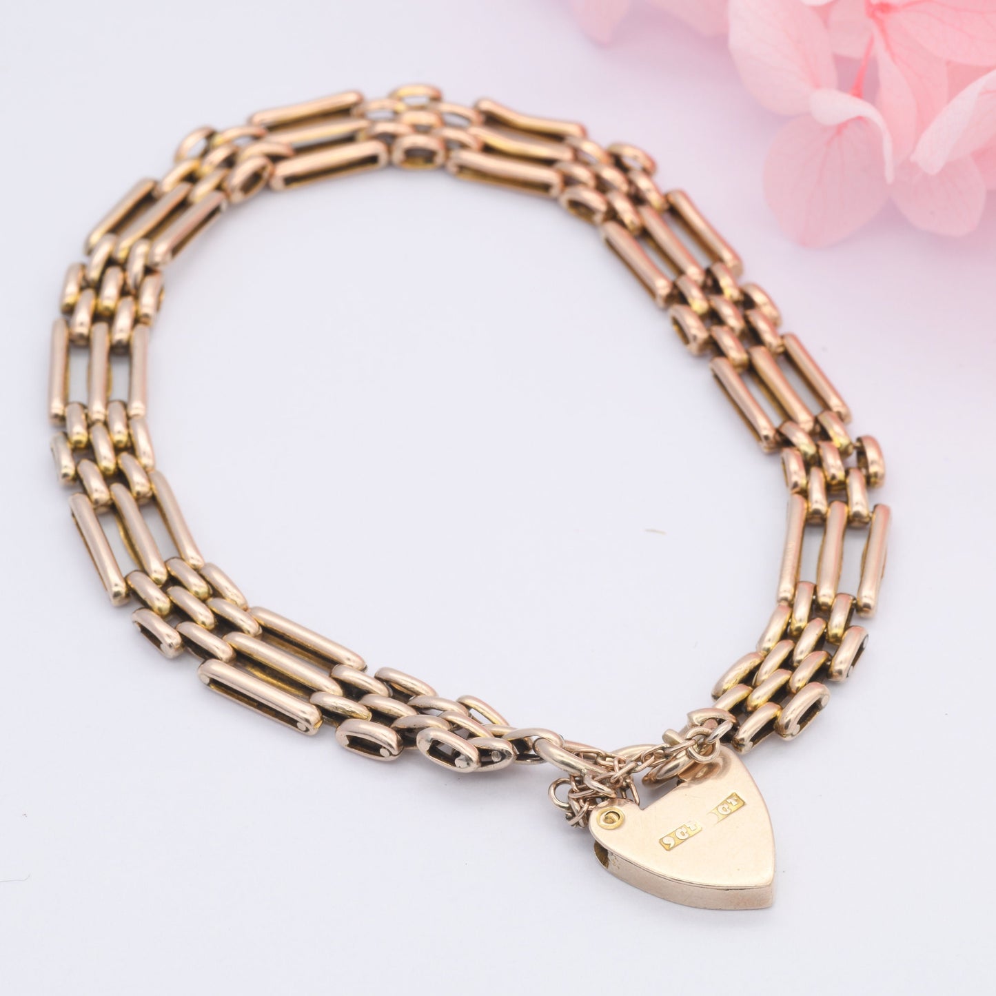 Vintage 9ct Gold Heart Padlock Clasp Gate Link Chain Bracelet with Safety Chain