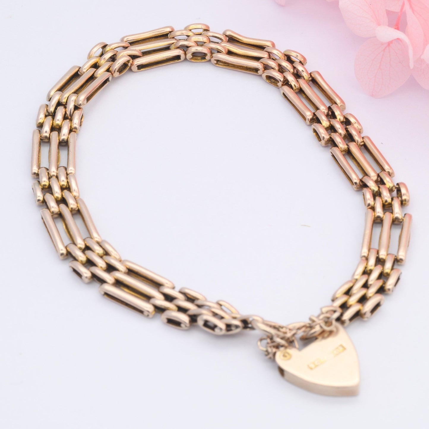 Vintage 9ct Gold Heart Padlock Clasp Gate Link Chain Bracelet with Safety Chain