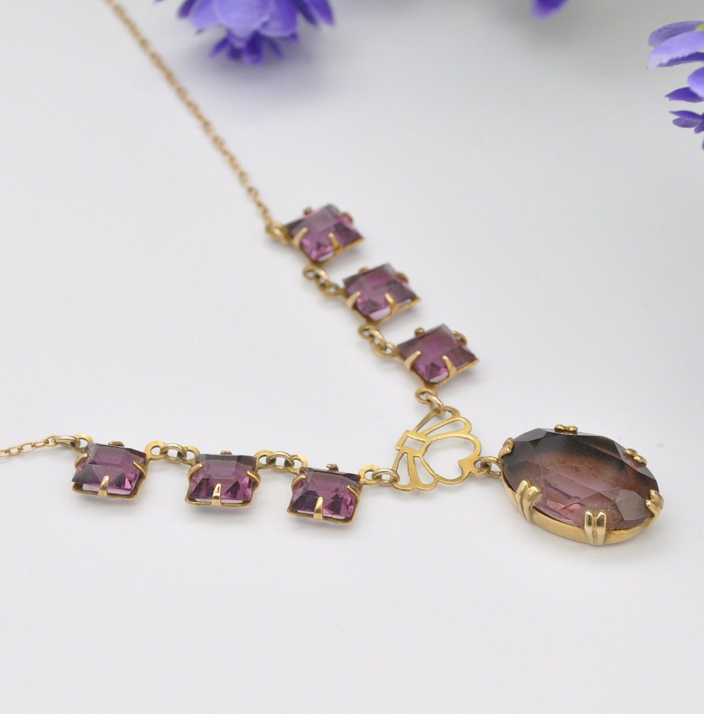 Antique 9ct Gold Necklace with Faceted Amethyst Gemstones - Delicate Early 20th Century Fine Jewellery