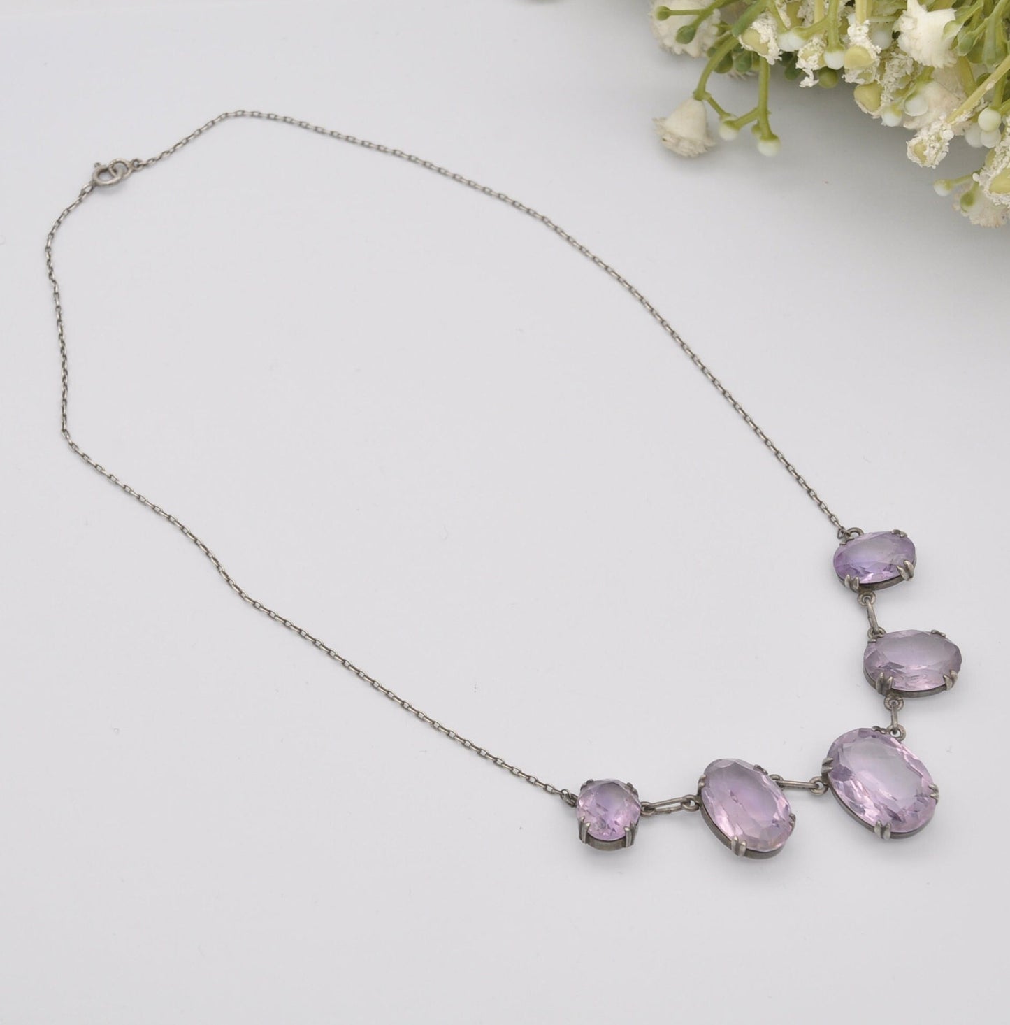 Antique Edwardian Sterling Silver Amethyst Necklace with Graduated Faceted Stones - Length 15" 39cm