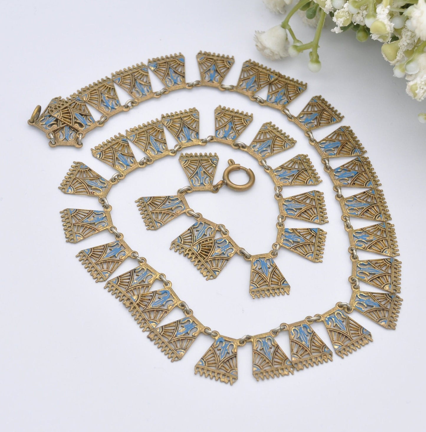 Vintage Art Deco Egyptian Revival Collar Necklace with Ornate Enamel Panels - Short Brass Full Fringe Choker | 36.5cm 14"