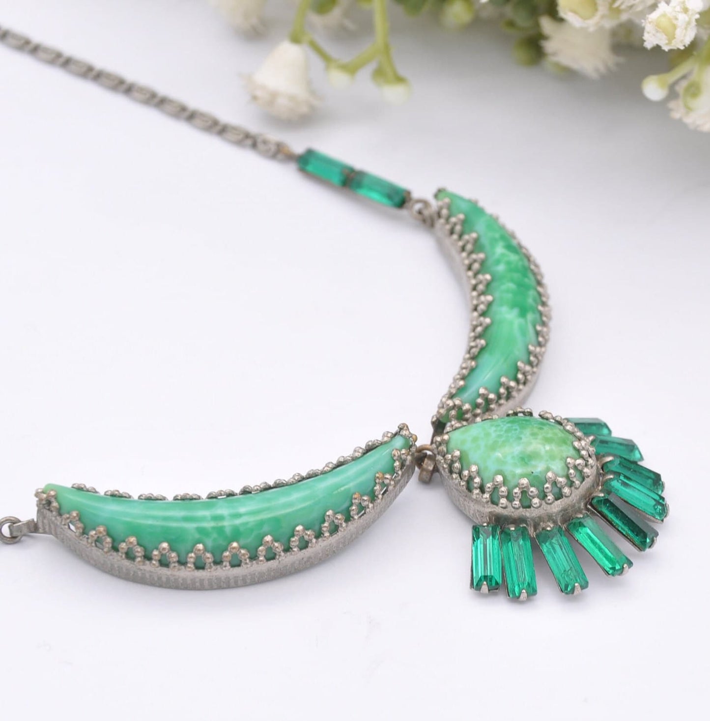 Vintage Green Peking Glass Statement Necklace with Czech Filigree