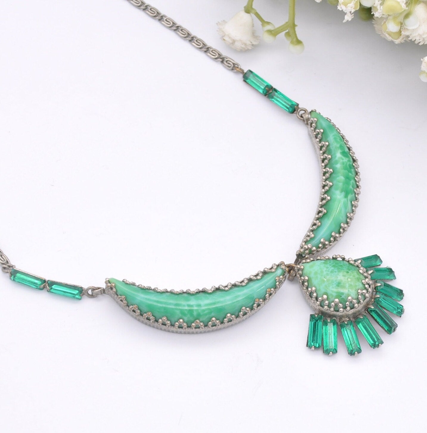 Vintage Green Peking Glass Statement Necklace with Czech Filigree