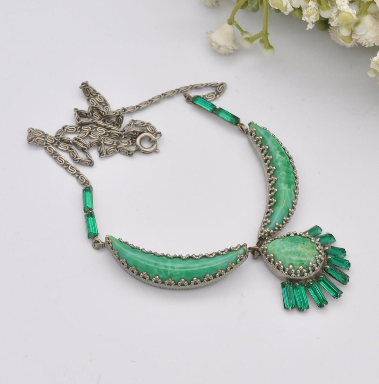 Vintage Green Peking Glass Statement Necklace with Czech Filigree