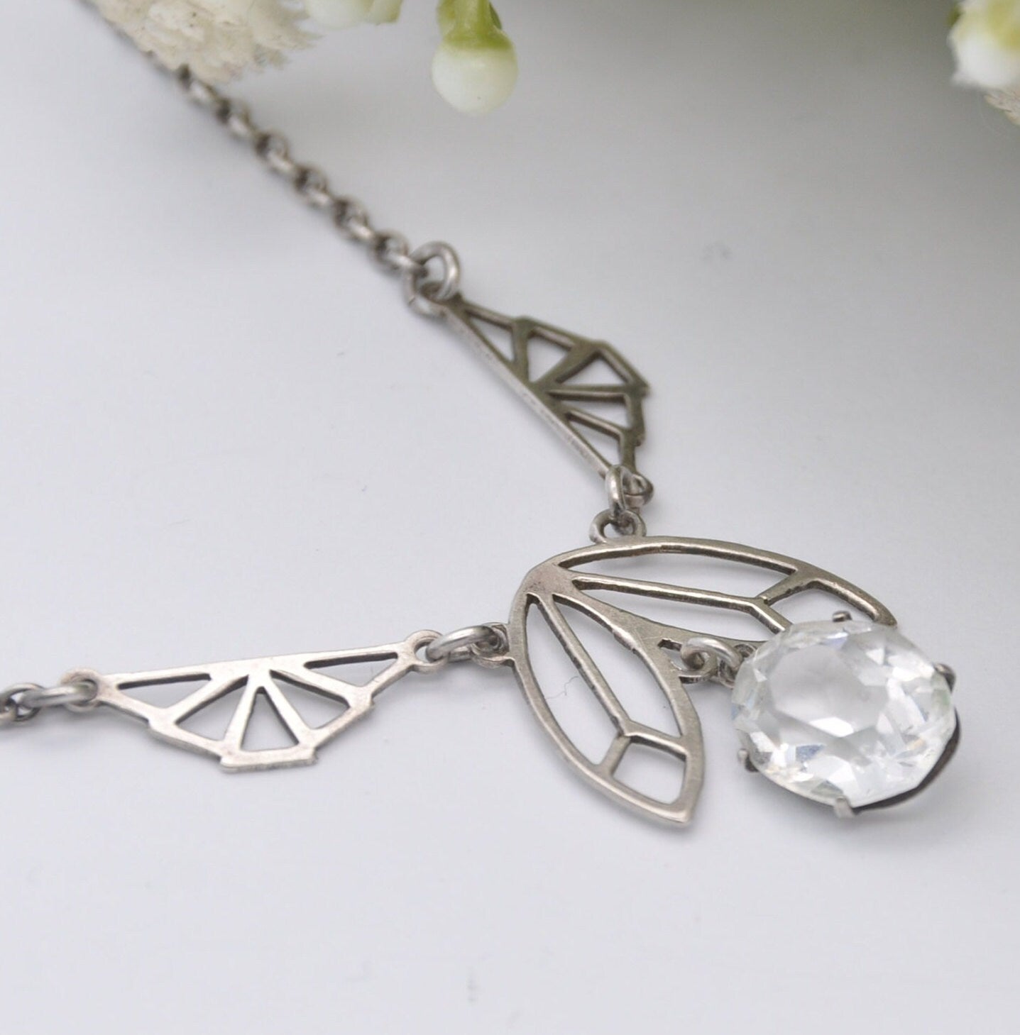 Antique Art Deco Silver Necklace with Cut Glass Crystal Paste Pendant Drop
