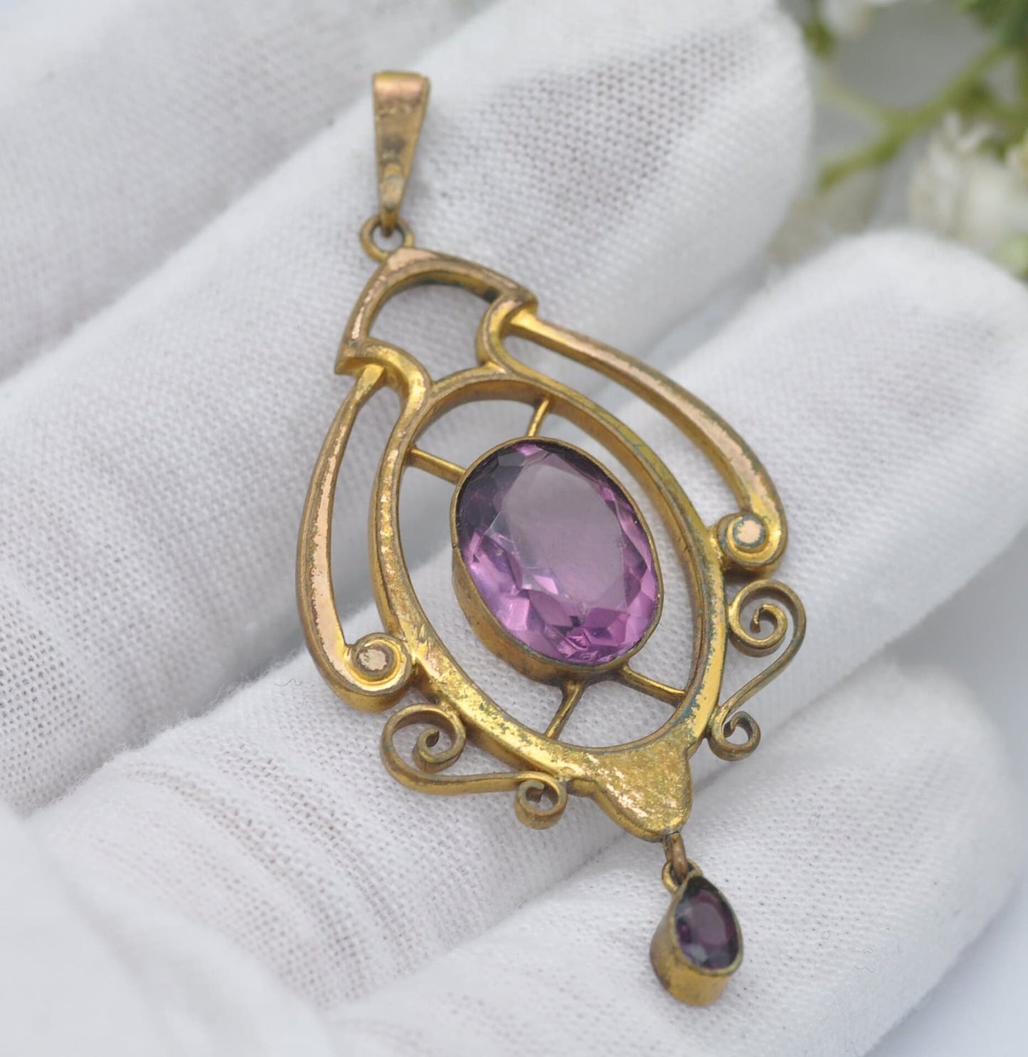 Antique Rolled Gold Purple Paste Pendant - Ornate Edwardian Lavalier with Small Drop