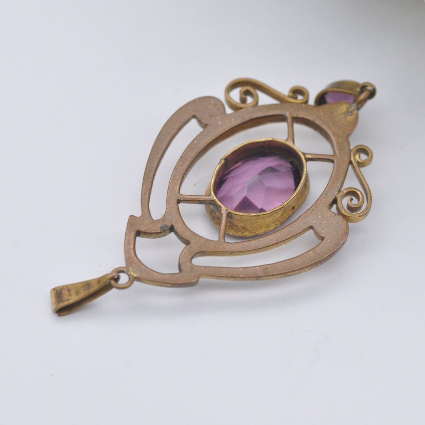Antique Rolled Gold Purple Paste Pendant - Ornate Edwardian Lavalier with Small Drop