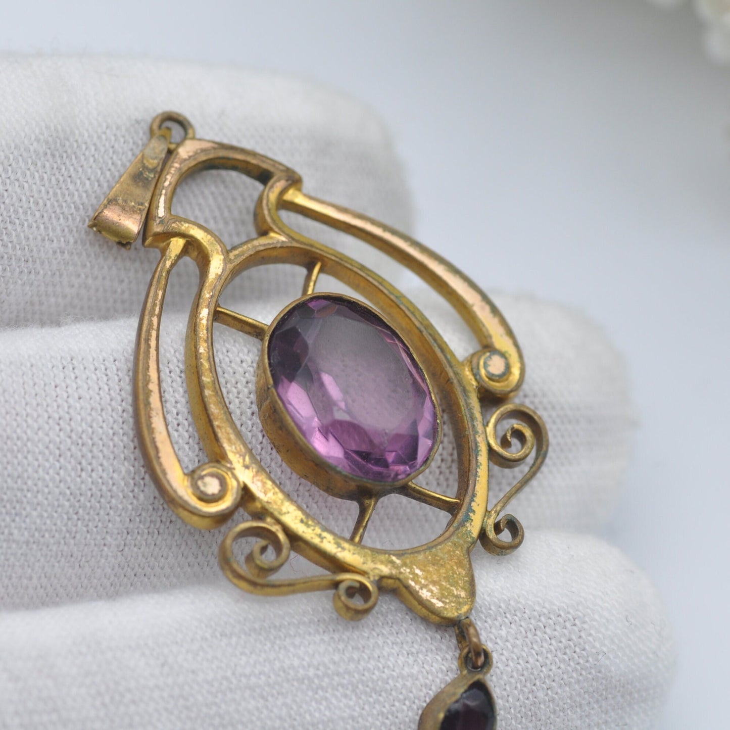 Antique Rolled Gold Purple Paste Pendant - Ornate Edwardian Lavalier with Small Drop
