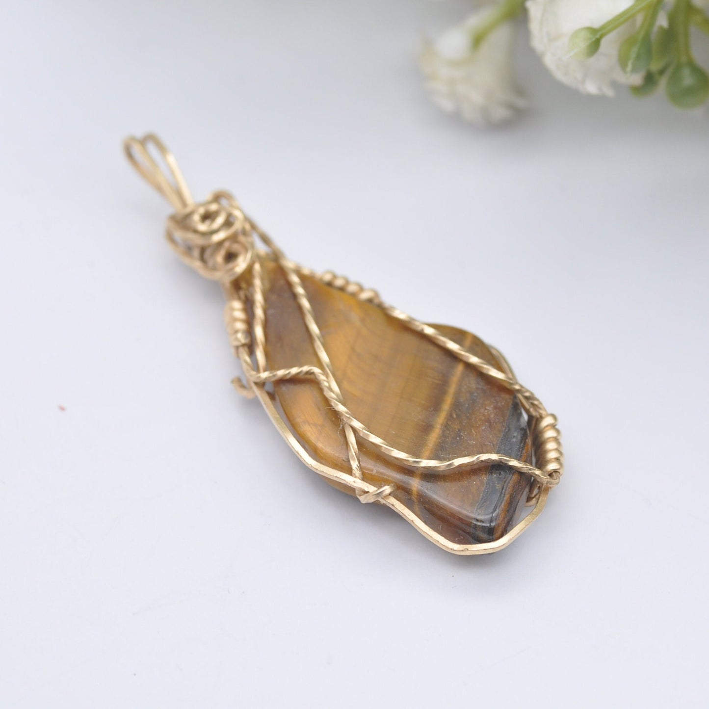 Vintage Tiger's Eye Gemstone in Rolled Gold Wirework Pendant