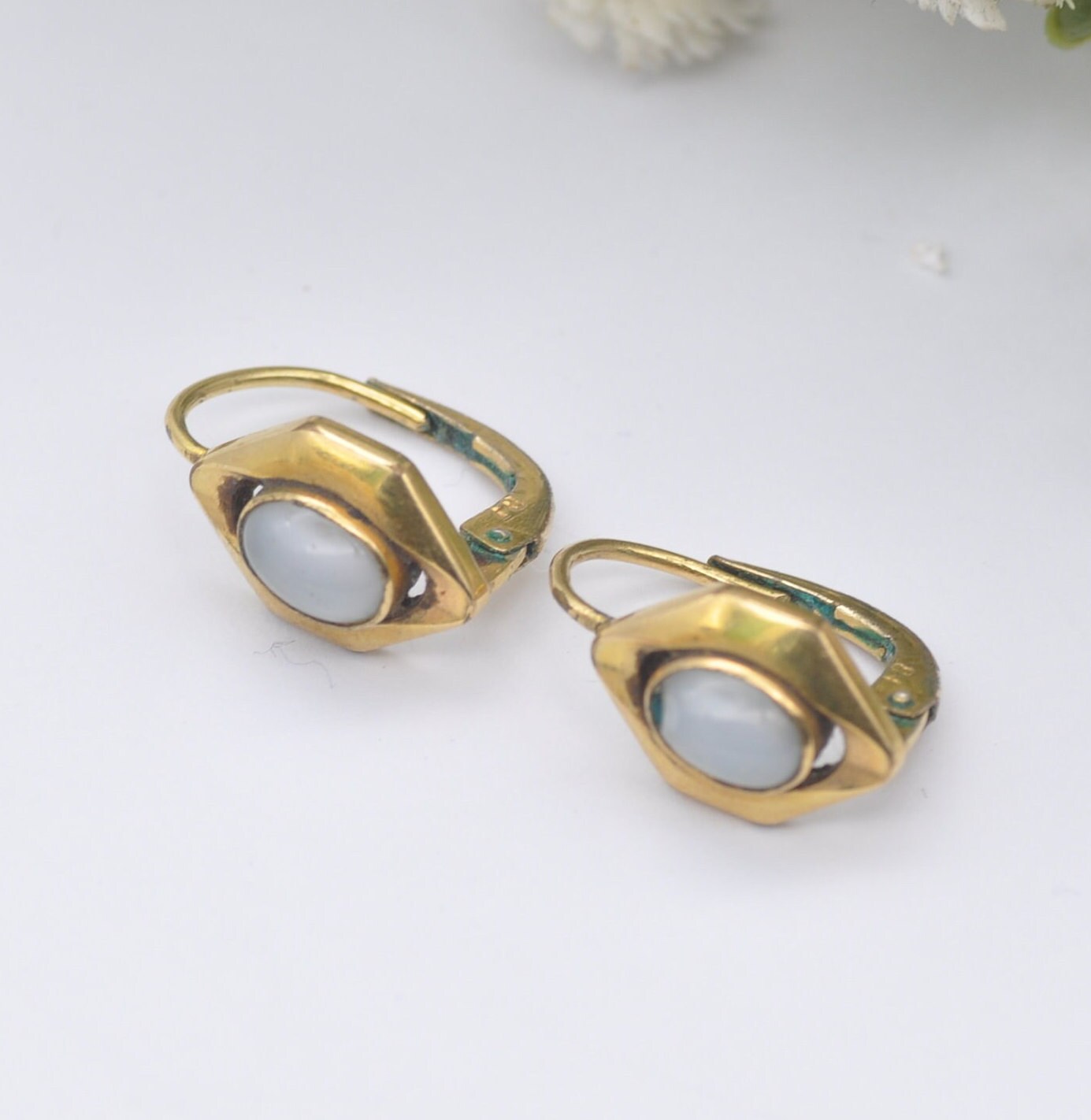 Vintage Rolled Gold Stud Earrings with Frosted Opalised Glass Oval Stones - Mid-Century Studs | Unusual Hexagon Shape