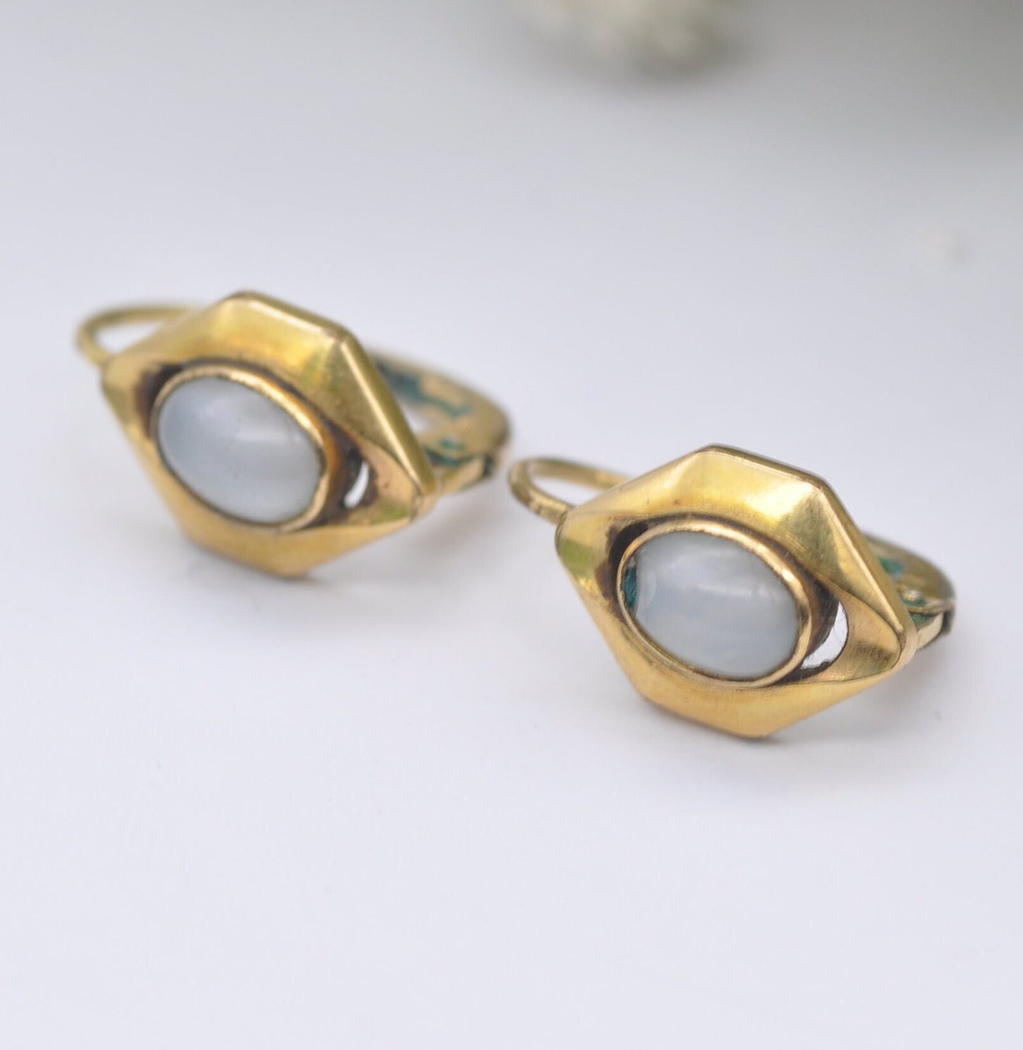 Vintage Rolled Gold Stud Earrings with Frosted Opalised Glass Oval Stones - Mid-Century Studs | Unusual Hexagon Shape