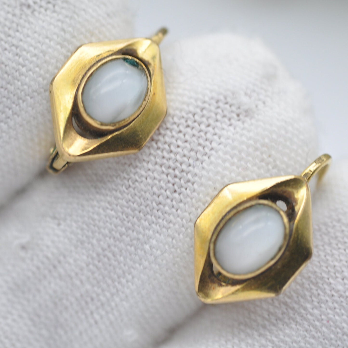 Vintage Rolled Gold Stud Earrings with Frosted Opalised Glass Oval Stones - Mid-Century Studs | Unusual Hexagon Shape