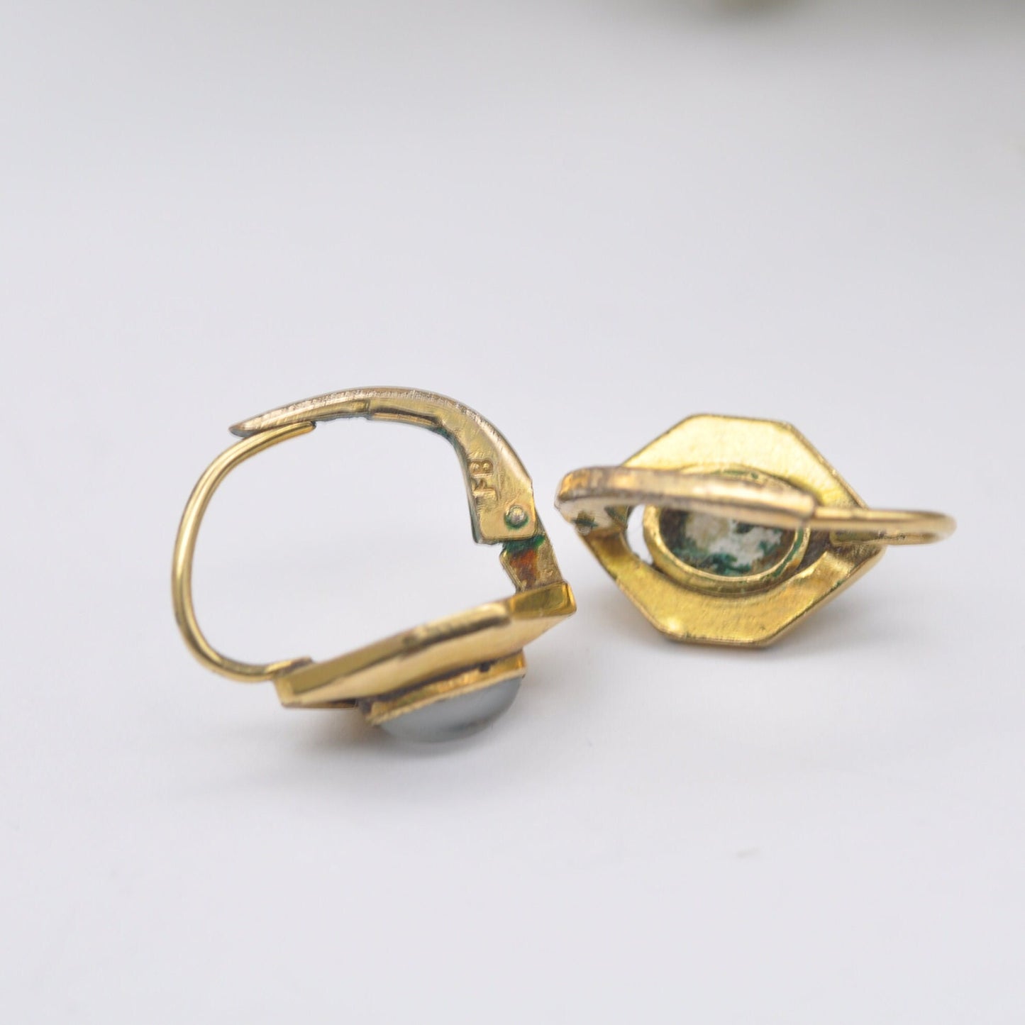Vintage Rolled Gold Stud Earrings with Frosted Opalised Glass Oval Stones - Mid-Century Studs | Unusual Hexagon Shape
