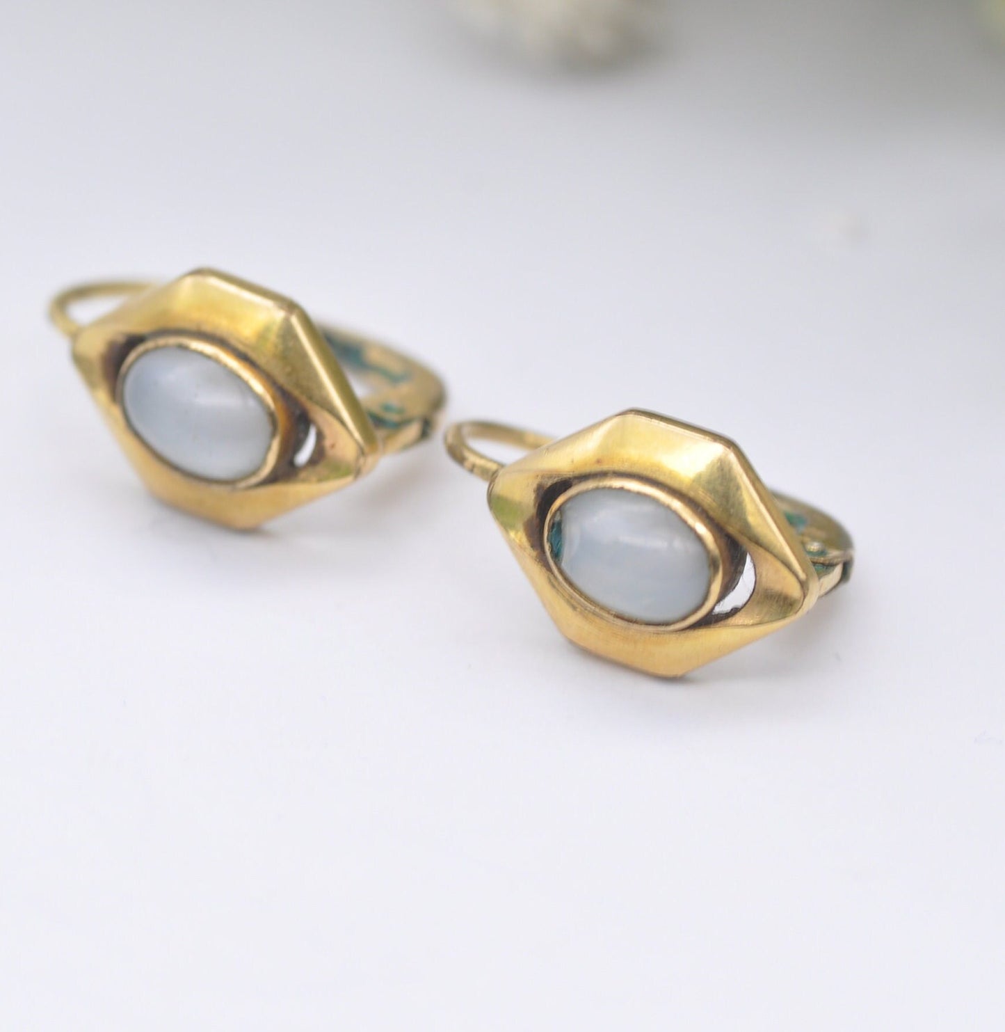 Vintage Rolled Gold Stud Earrings with Frosted Opalised Glass Oval Stones - Mid-Century Studs | Unusual Hexagon Shape