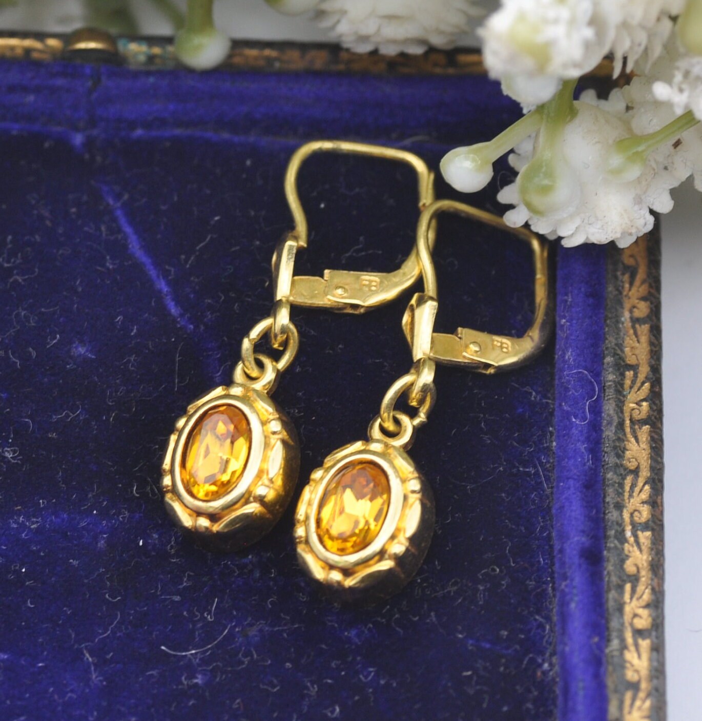 Vintage Rolled Gold Orange Paste Drop Earrings - FB | Ornate Bezel Setting | Mid-Century Costume Jewellery