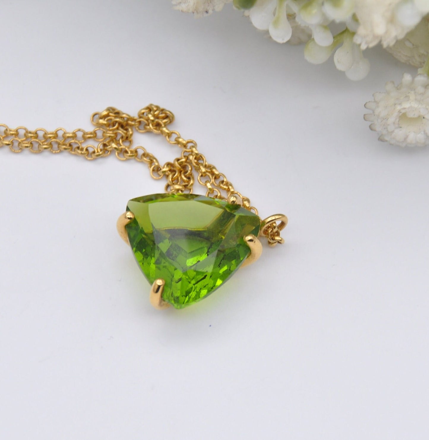 Vintage Gold Filled Green Glass Stone Pendant Necklace on Original Chain - Quality Mid-Century Costume Jewellery